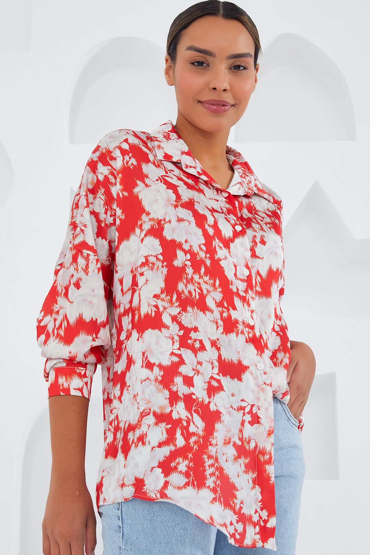 Bigdart-Women's Red and White Patterned Oversize Satin Shirt 3985 3