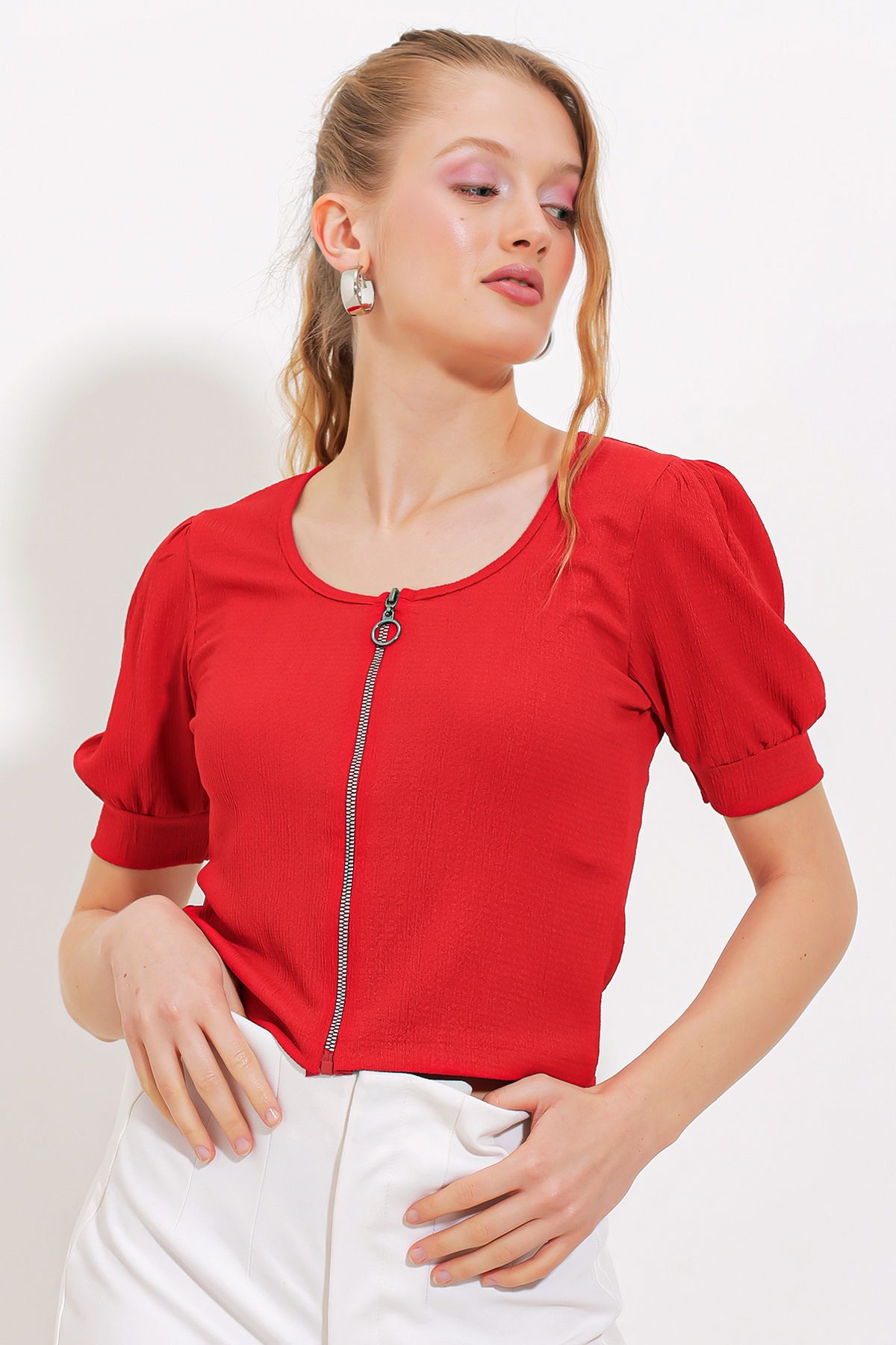 Bigdart-Rote Strickbluse mit Reißverschluss für Damen 4316 2