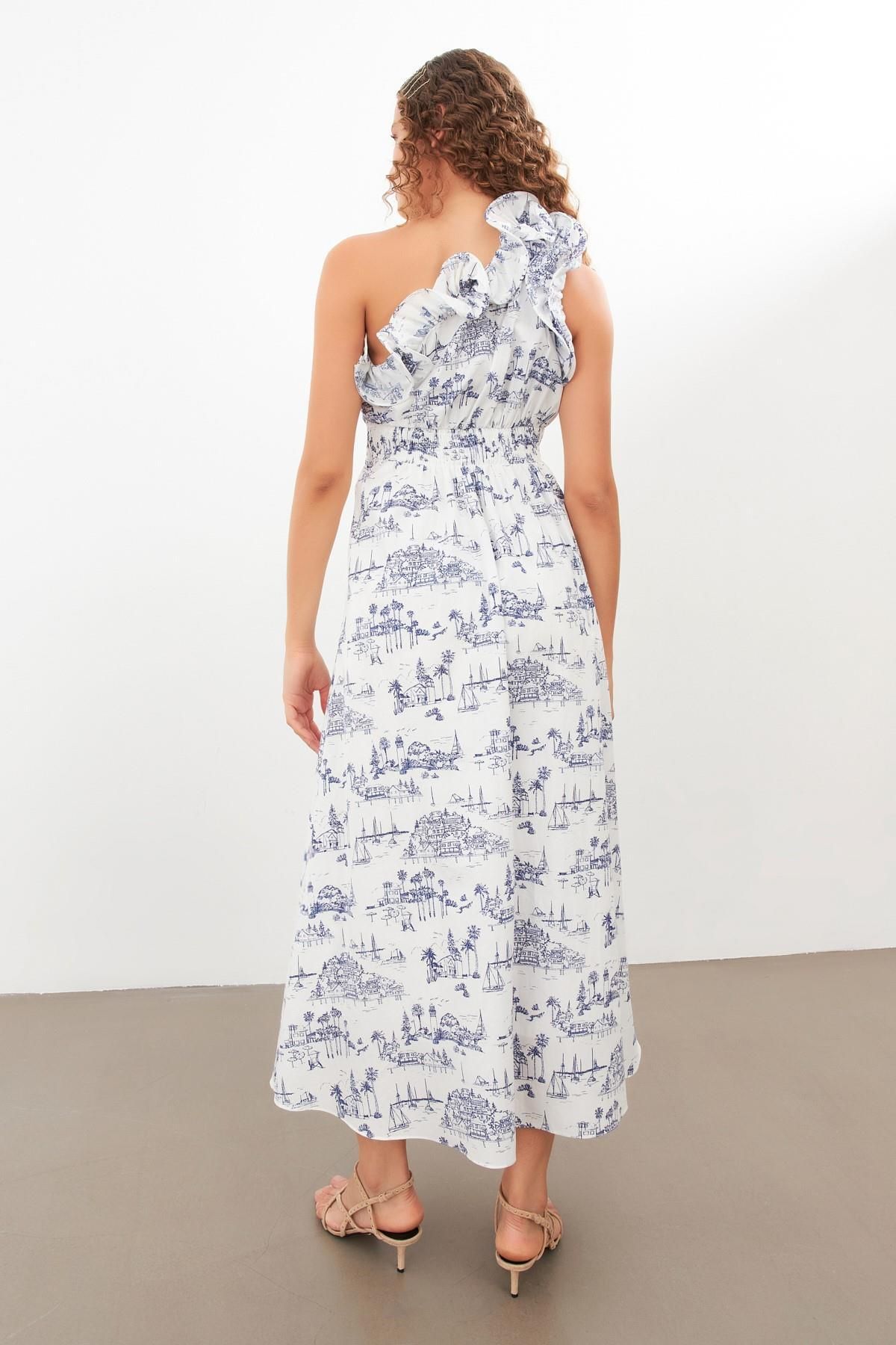 Setre-Rochie midi, albastru-ecru, cu un singur umăr 5
