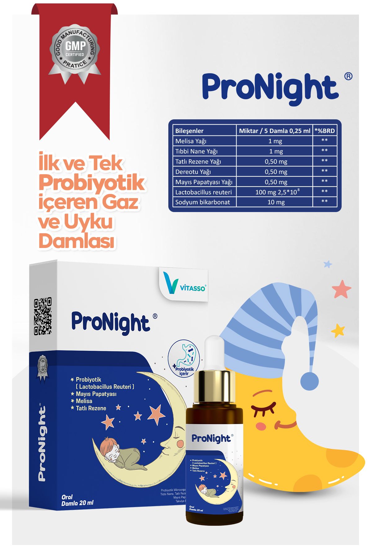 Vitasso Pronight Baby Bitkisel Bebek Çocuklar Için Probiyotik Içeren Gaz Ve Uyku Damlası Damla 20 ml