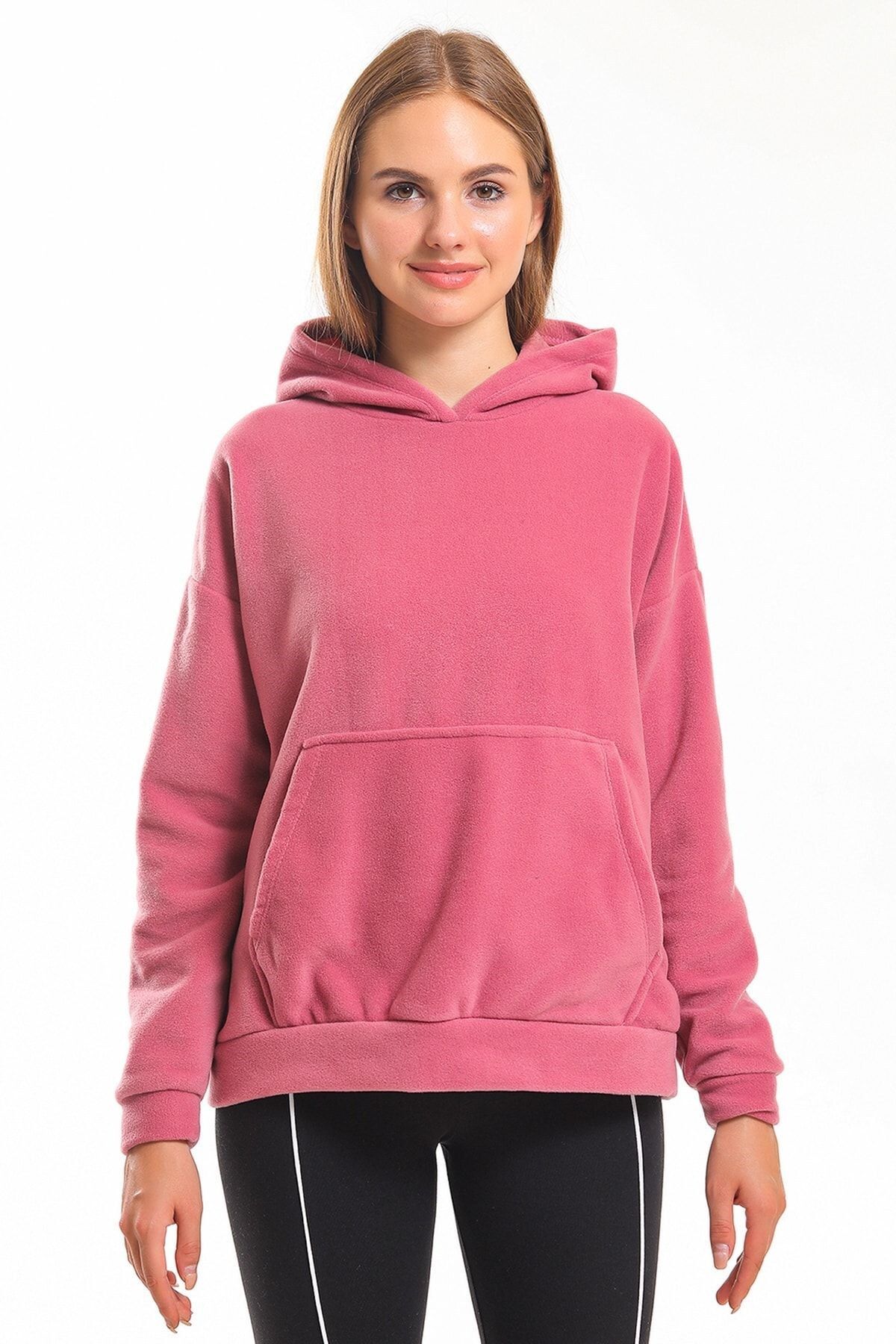 Slazenger Günlük Polar Kanguru Cepli Spor Sweatshirt Kadın Gül Pembe