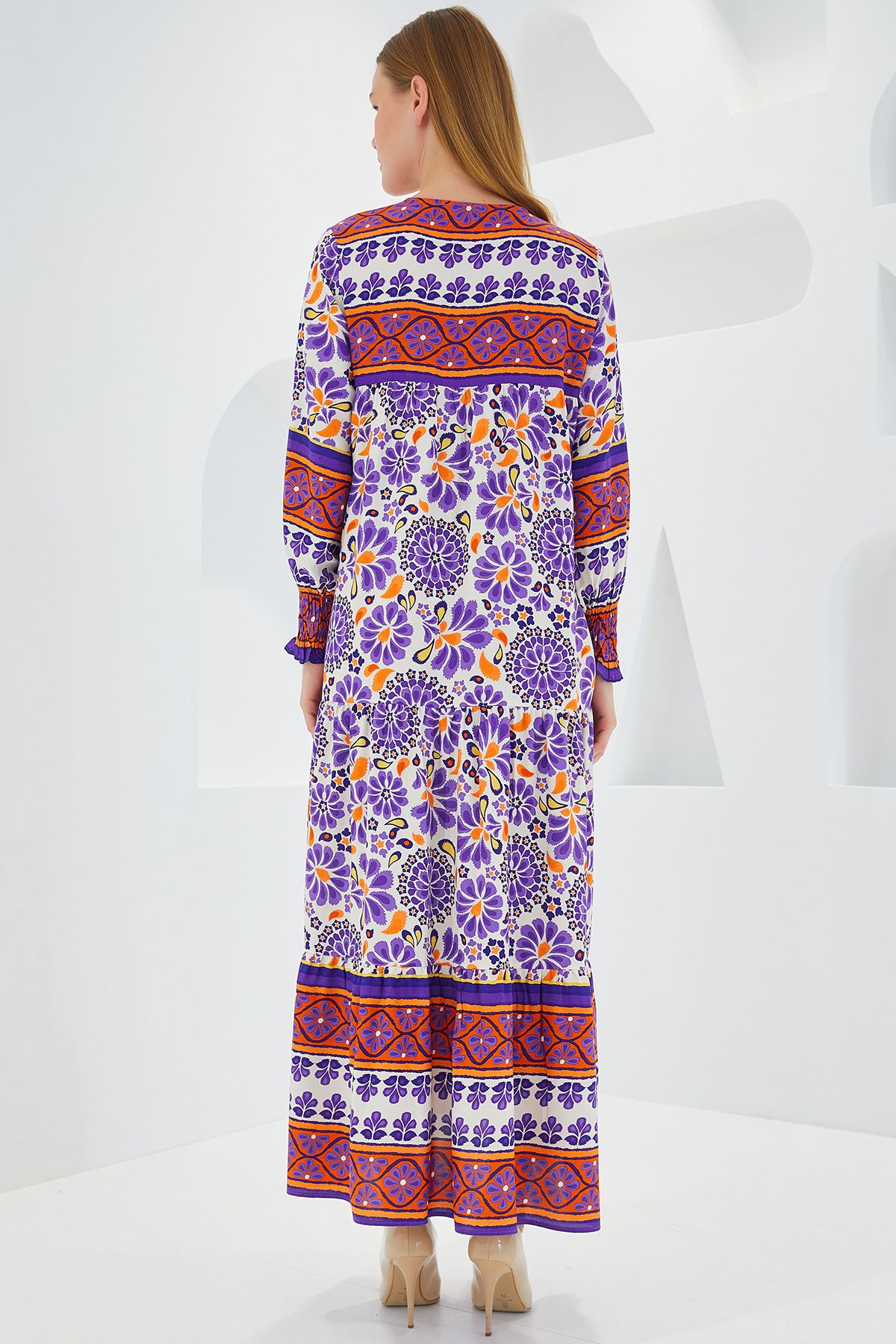 Bigdart-Purple Brick Patterned Viscose Long Women's Dress - 1947 5