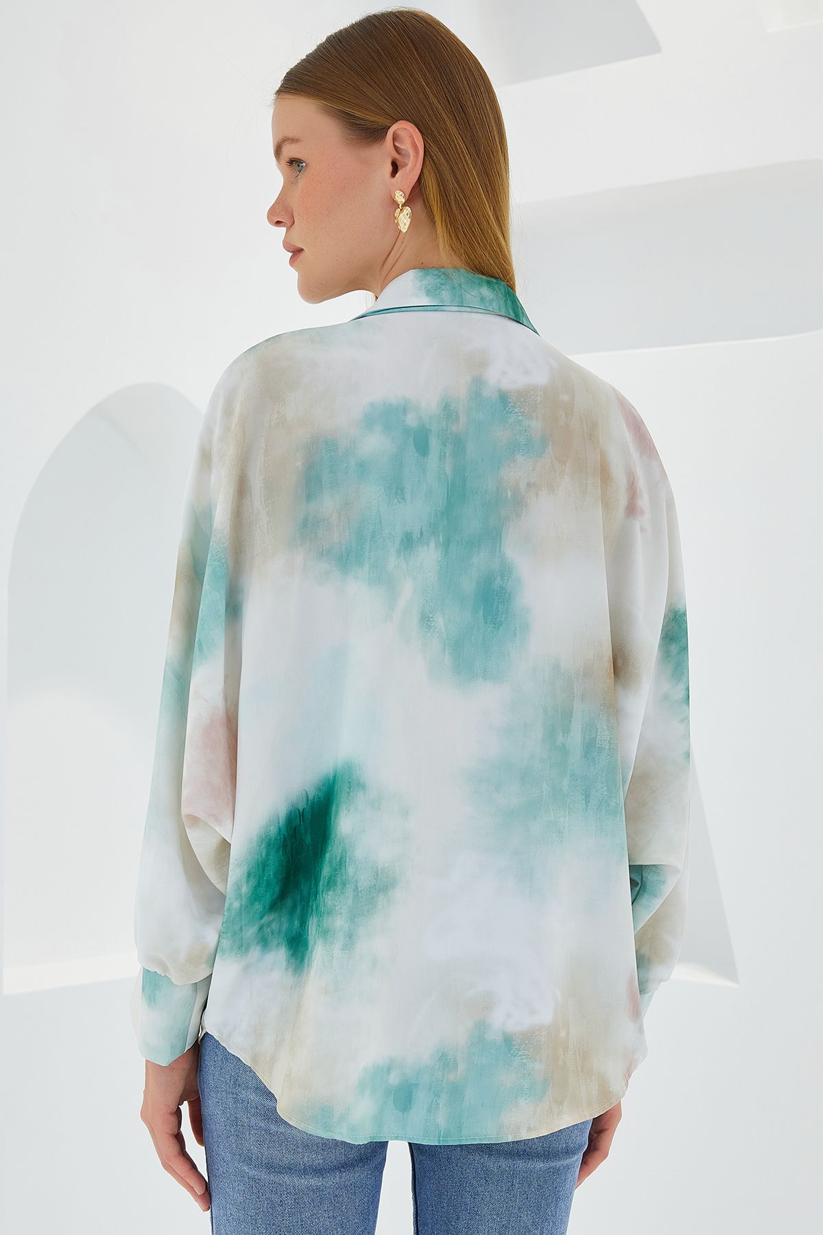 Bigdart-Grünes Ecru Satin Oversize Hemd - Damen 907 5