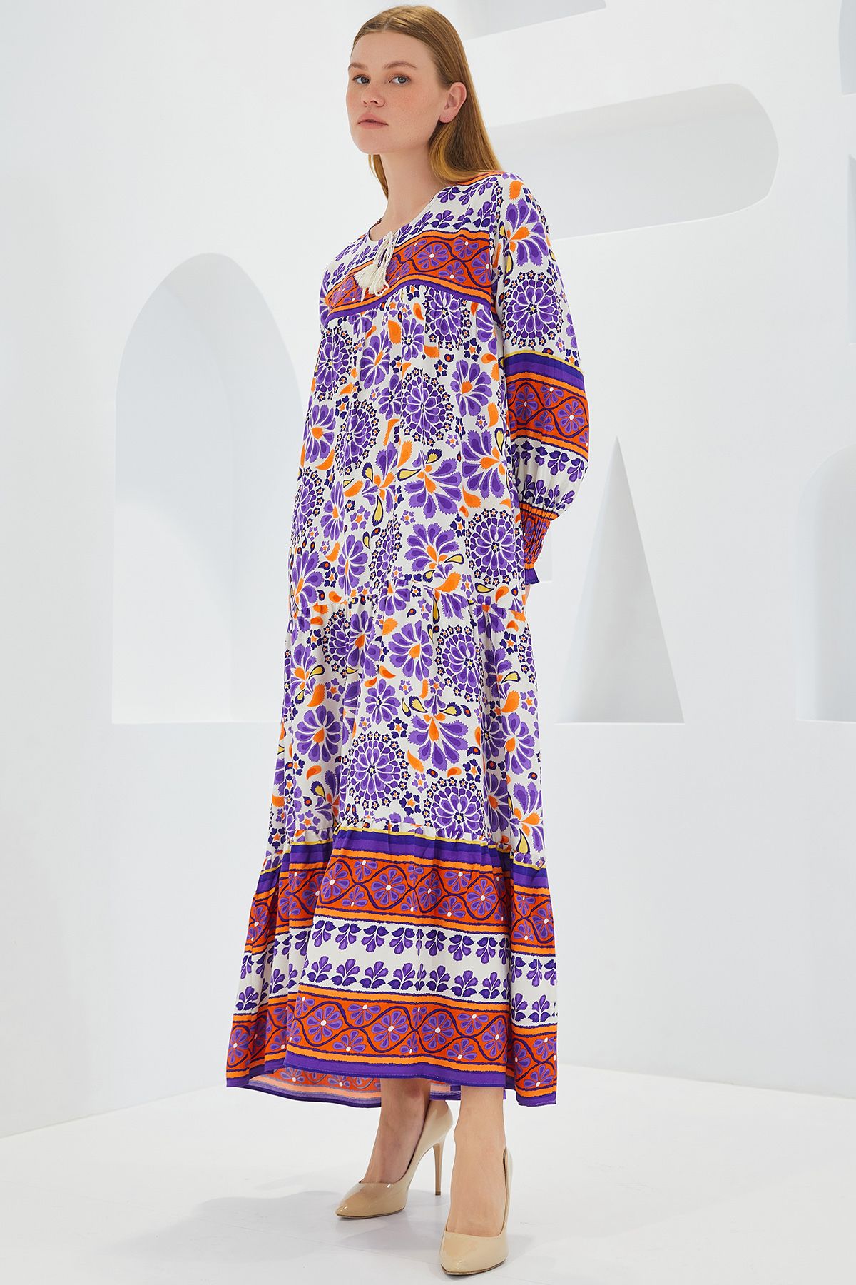 Bigdart-Purple Brick Patterned Viscose Long Women's Dress - 1947 3