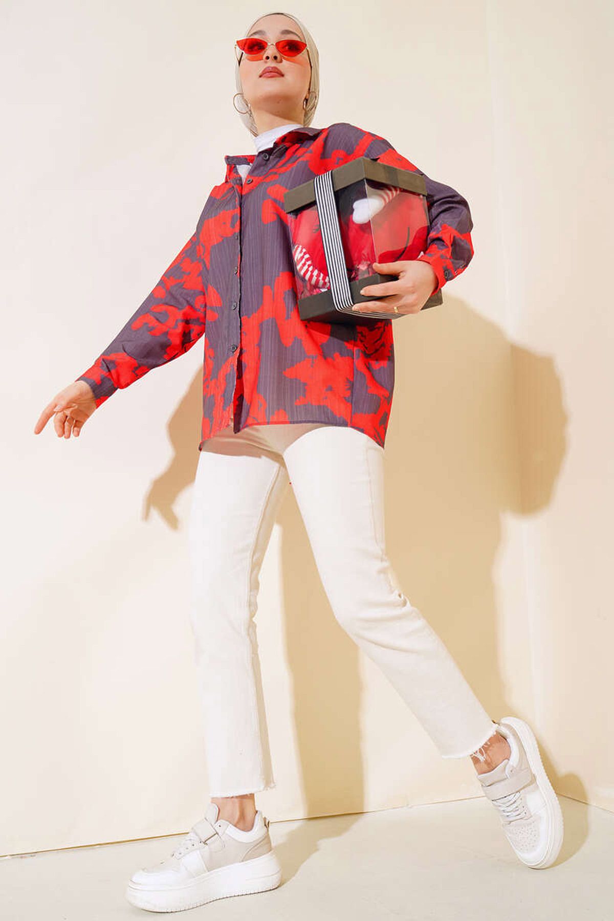 Bigdart-20179 Patterned Long Oversize Shirt - Red 2