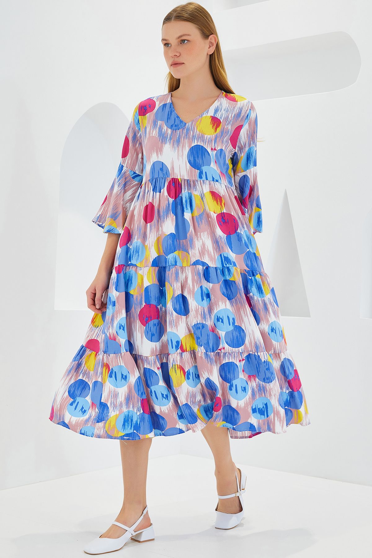 Bigdart-Women's Blue Red Patterned Short Sleeve Viscose Dress 1959 3