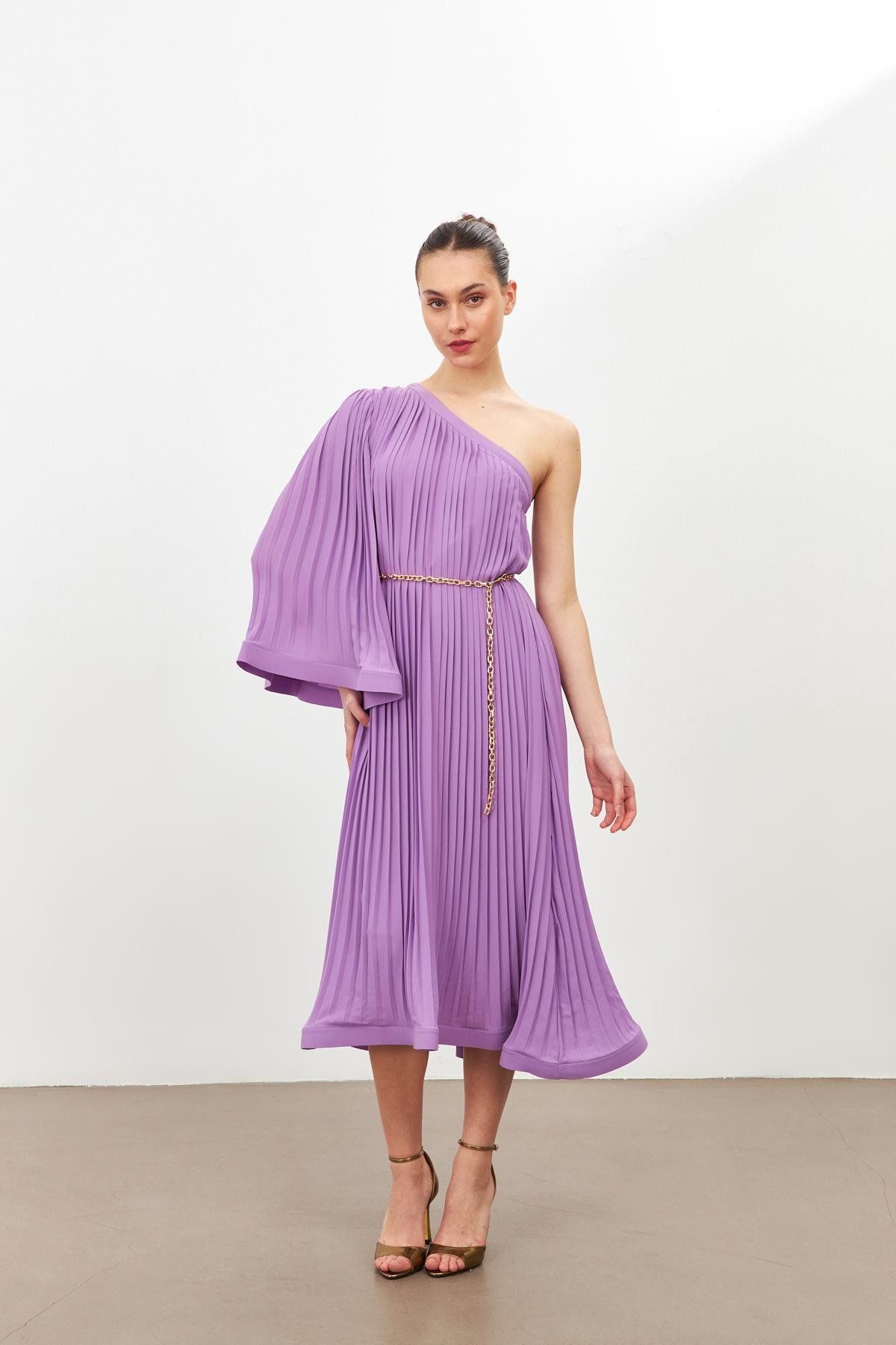 Setre-Lilac One-Shoulder Pleat Detailed Loose Dress 1