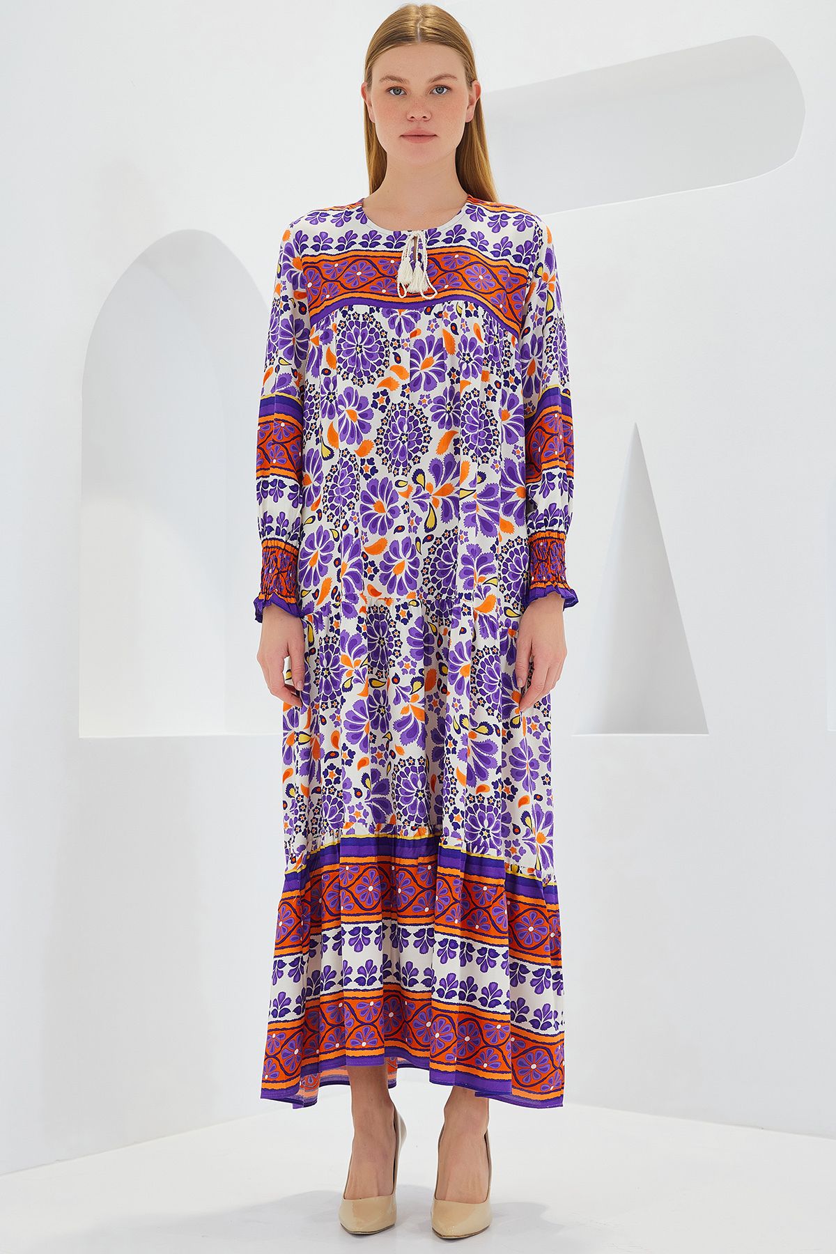 Bigdart-Purple Brick Patterned Viscose Long Women's Dress - 1947 2