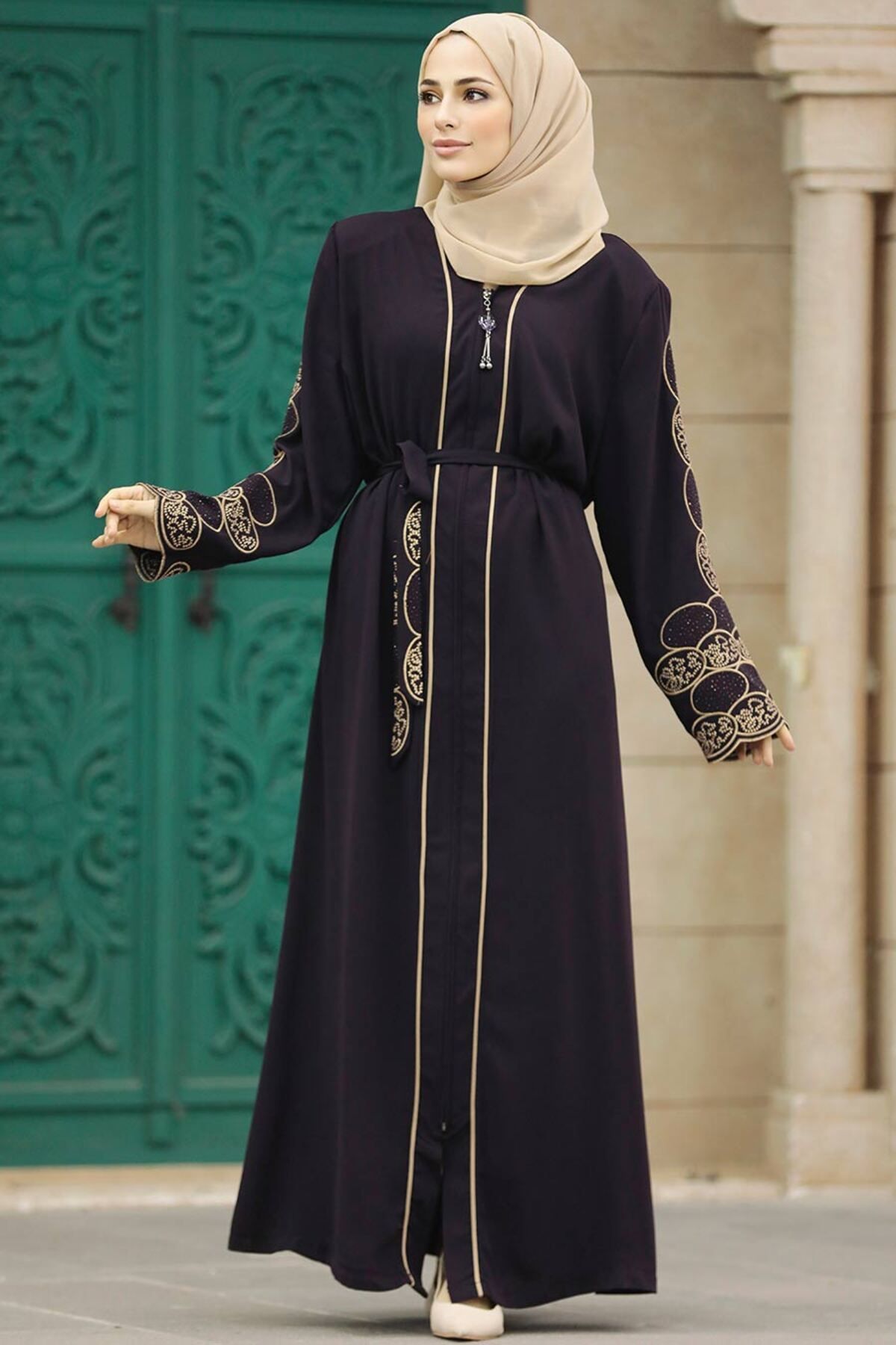 Neva Style-Plum Zippered Hijab Abaya - 23151Mu 3