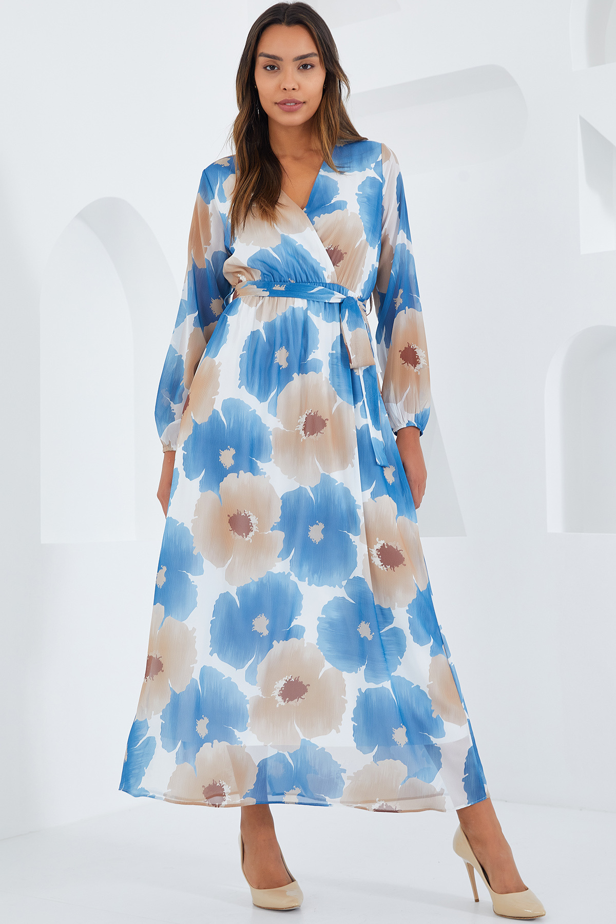 Bigdart-Women's Blue Beige Floral Patterned Chiffon Dress 2134 1