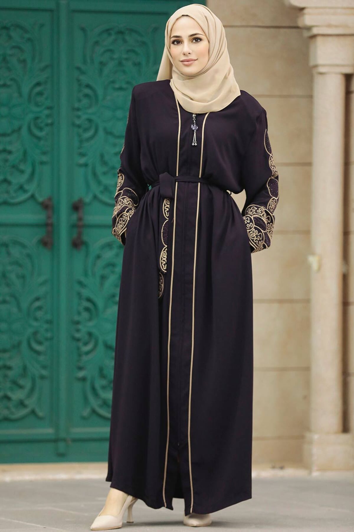 Neva Style-Plum Zippered Hijab Abaya - 23151Mu 4