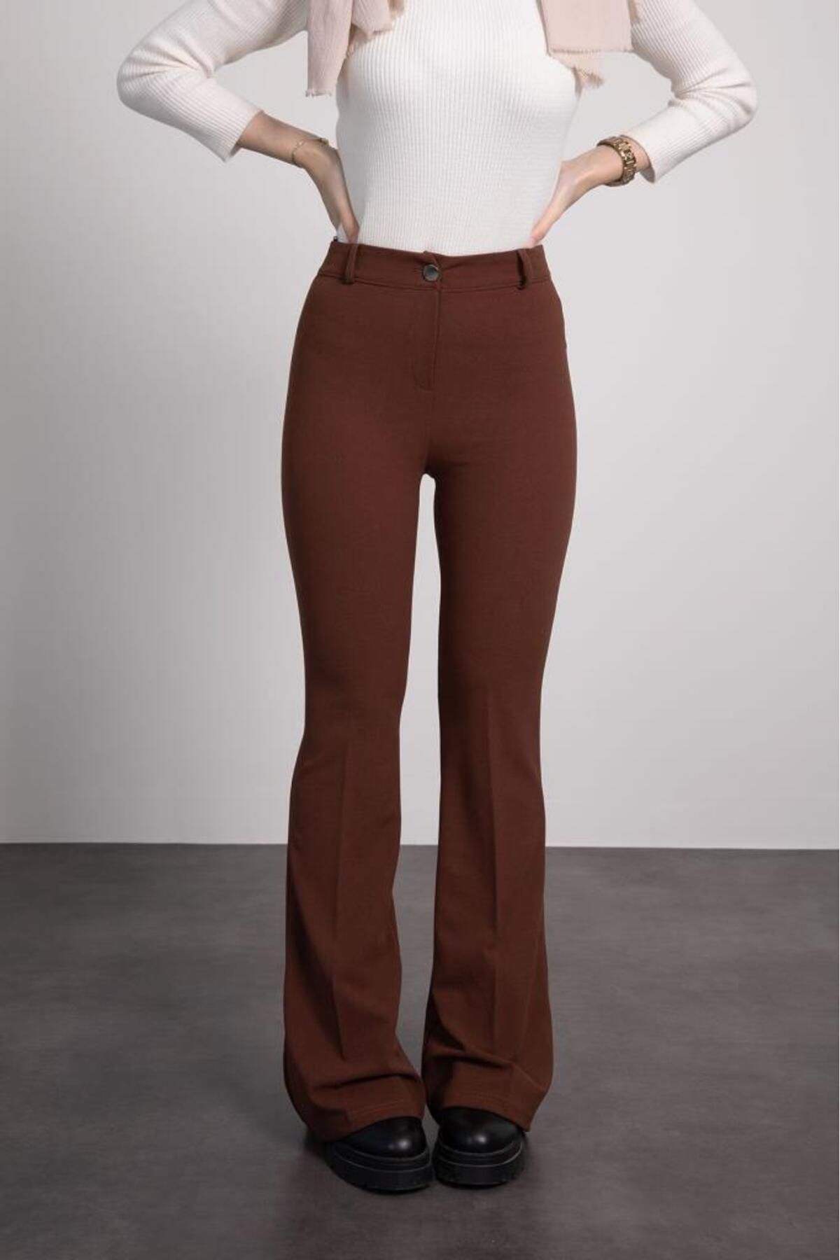 Lamia Giyim-Brown Metal Buttoned Spanish Leg Hijab Trousers 3