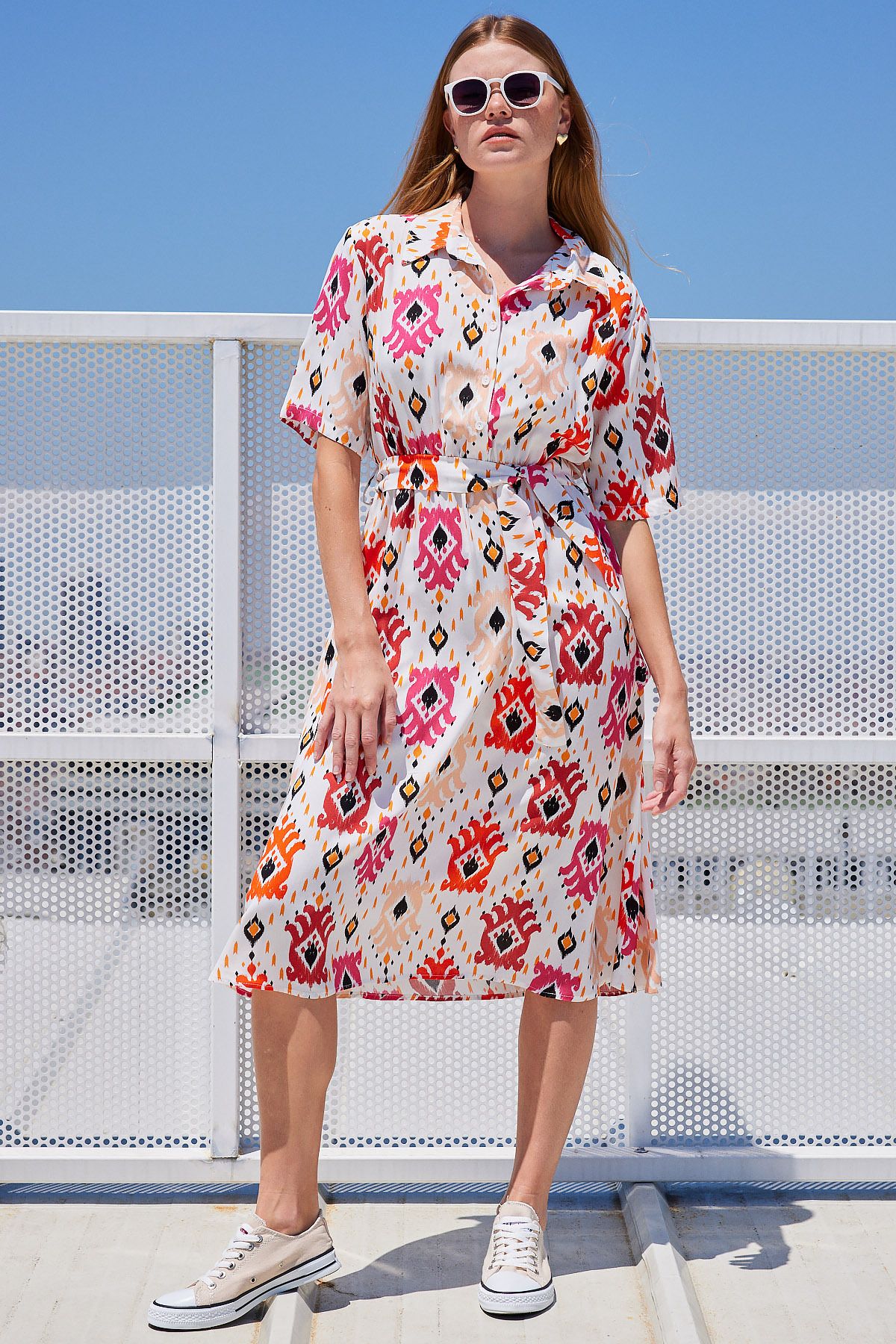 Bigdart-2499 Model Viscose Patterned Ecru Dress 5
