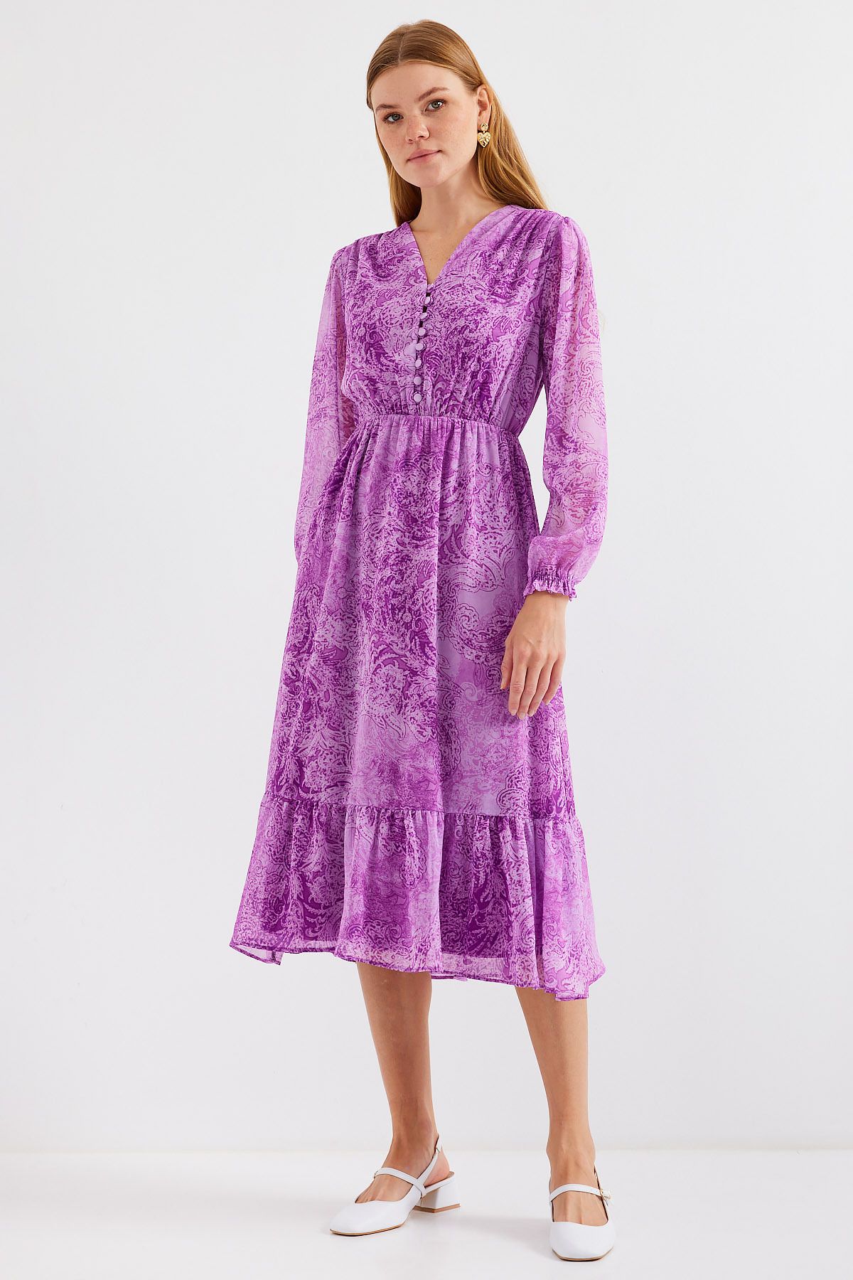 Bigdart-2137 Model Patterned Chiffon Dress - Dark Lilac 4