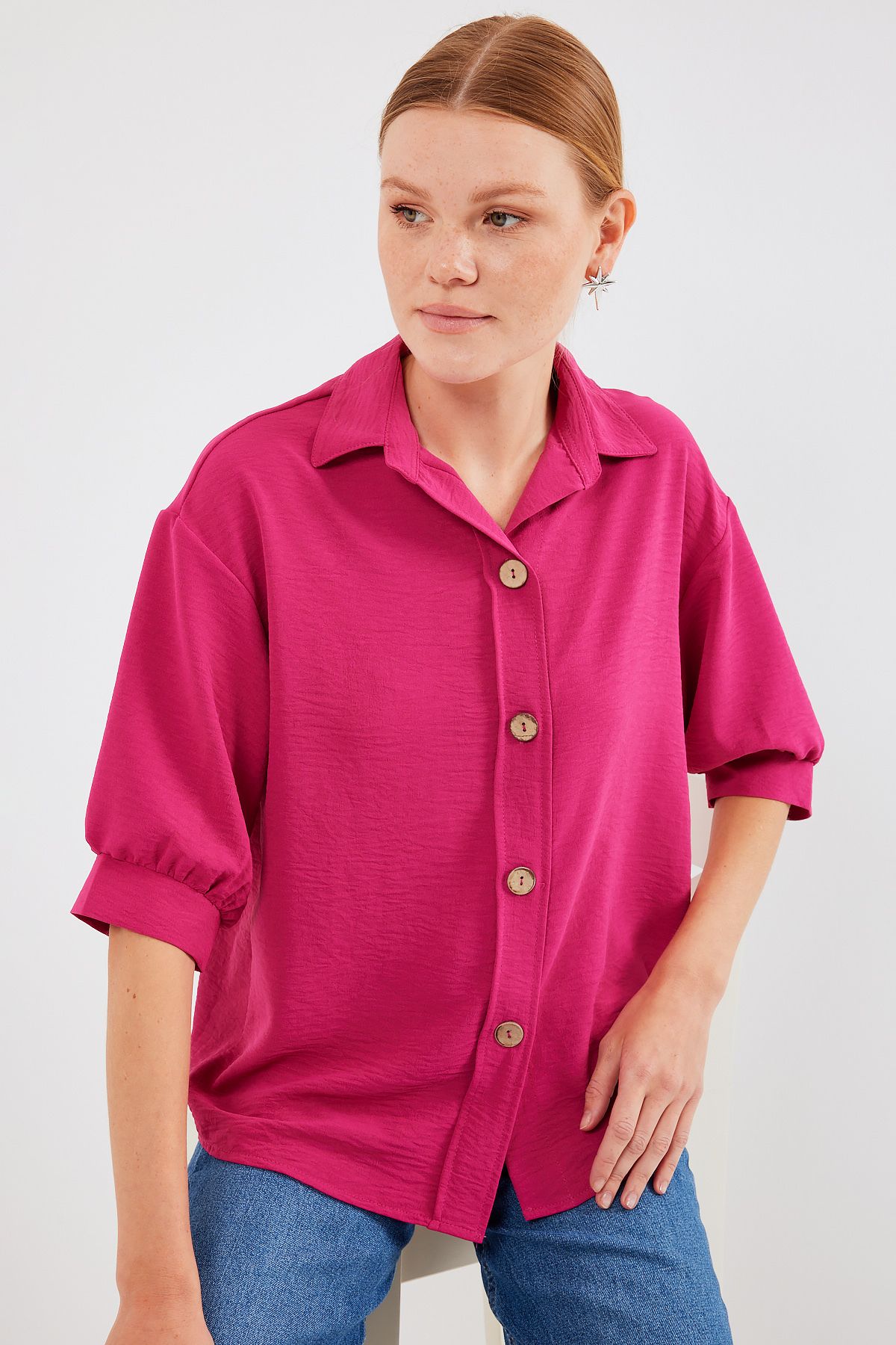 Bigdart-20240 Model Oversize Linen Short Sleeve Shirt - Fuchsia 4