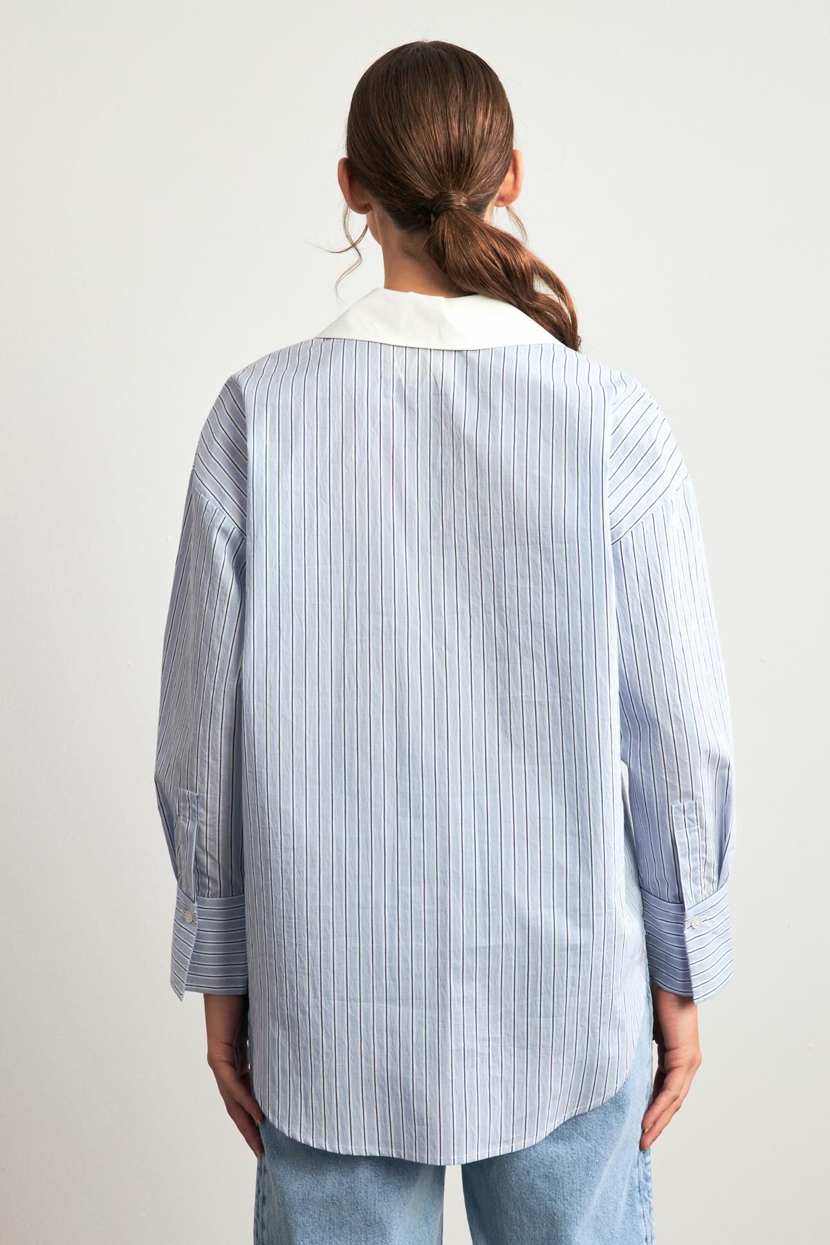 Setre-V-Neck Pocket Detailed Striped Blue Shirt 3