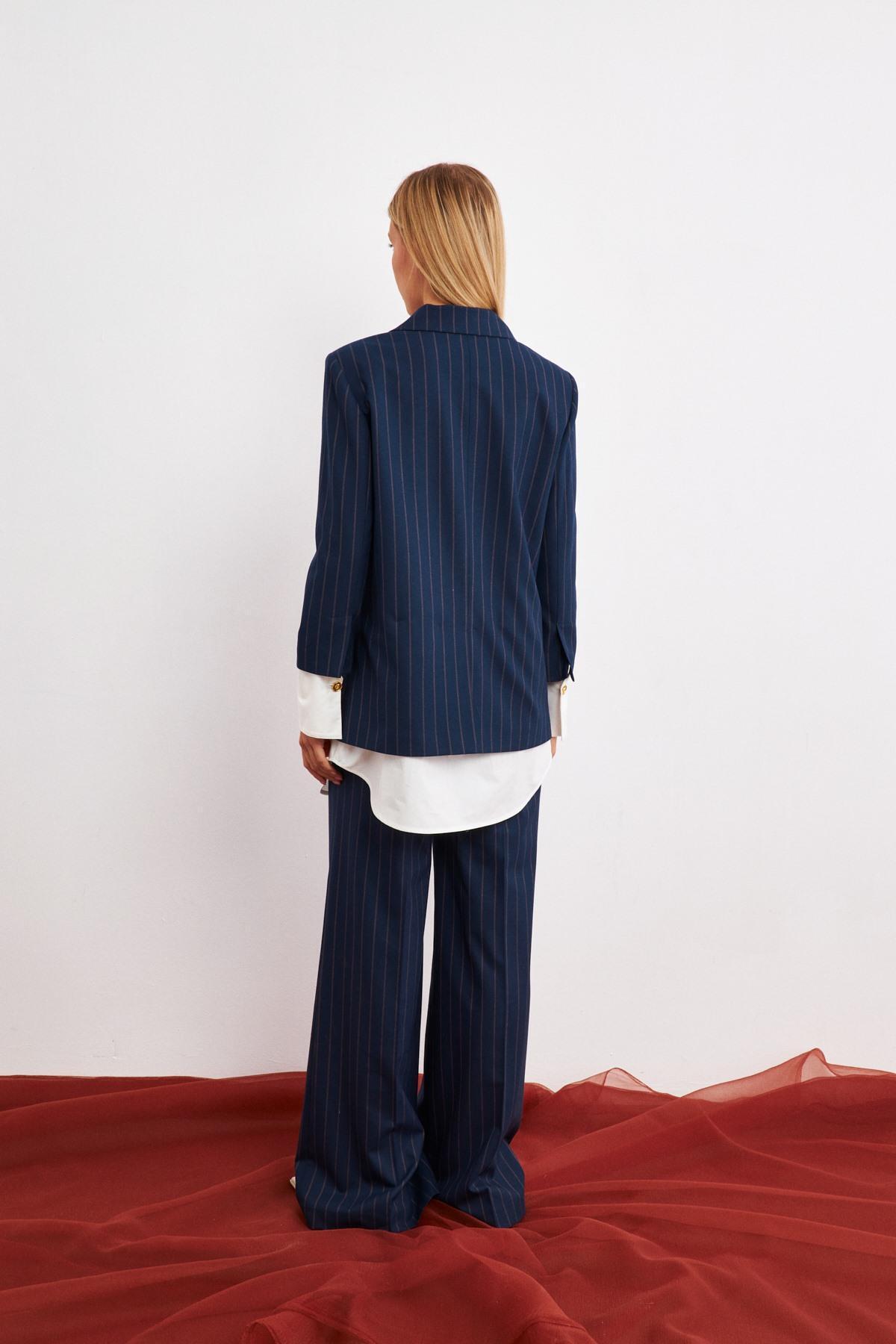 Setre-Navy Blue Navy Blue Striped Double Suit with Sleeve Detail 3