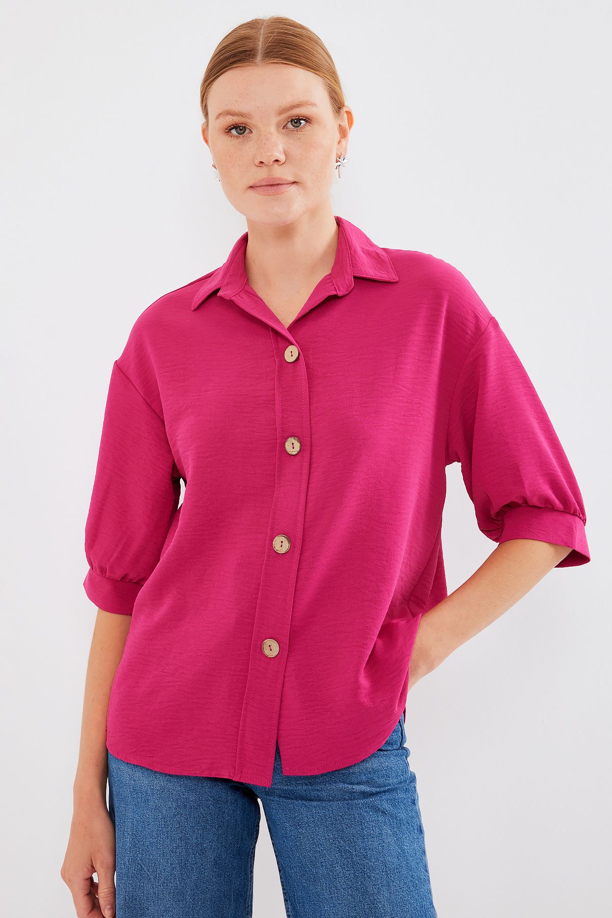 Bigdart-20240 Model Oversize Linen Short Sleeve Shirt - Fuchsia 2