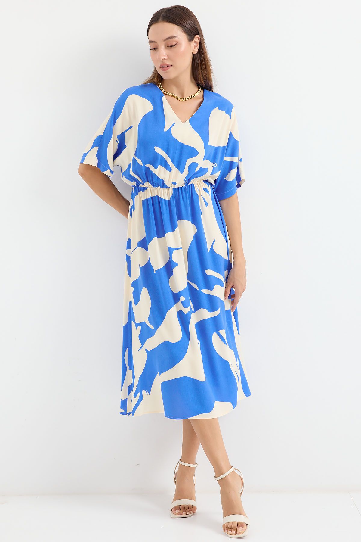 Bigdart-2511 Model - Blue Patterned Elastic Waist Dress 2