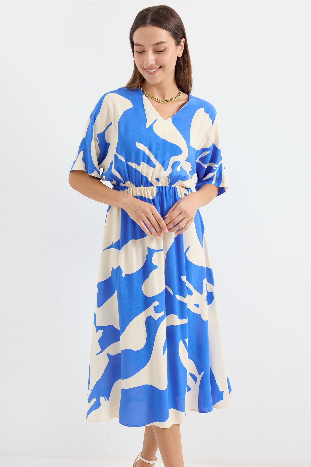 Bigdart-2511 Model - Blue Patterned Elastic Waist Dress 3