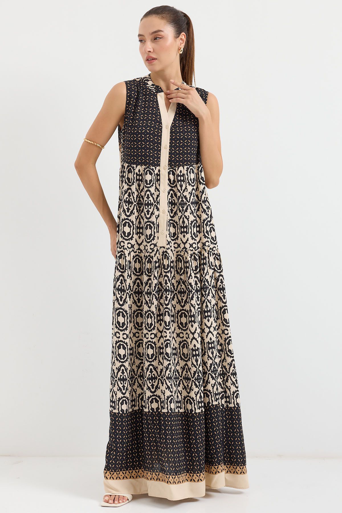 Bigdart-2515 Patterned - Null Sleeve Viscose Black Dress 4