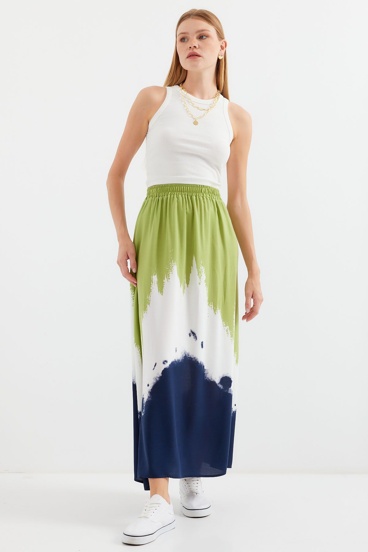 Bigdart-Green Long Viscose Skirt - 8025 Patterned 5