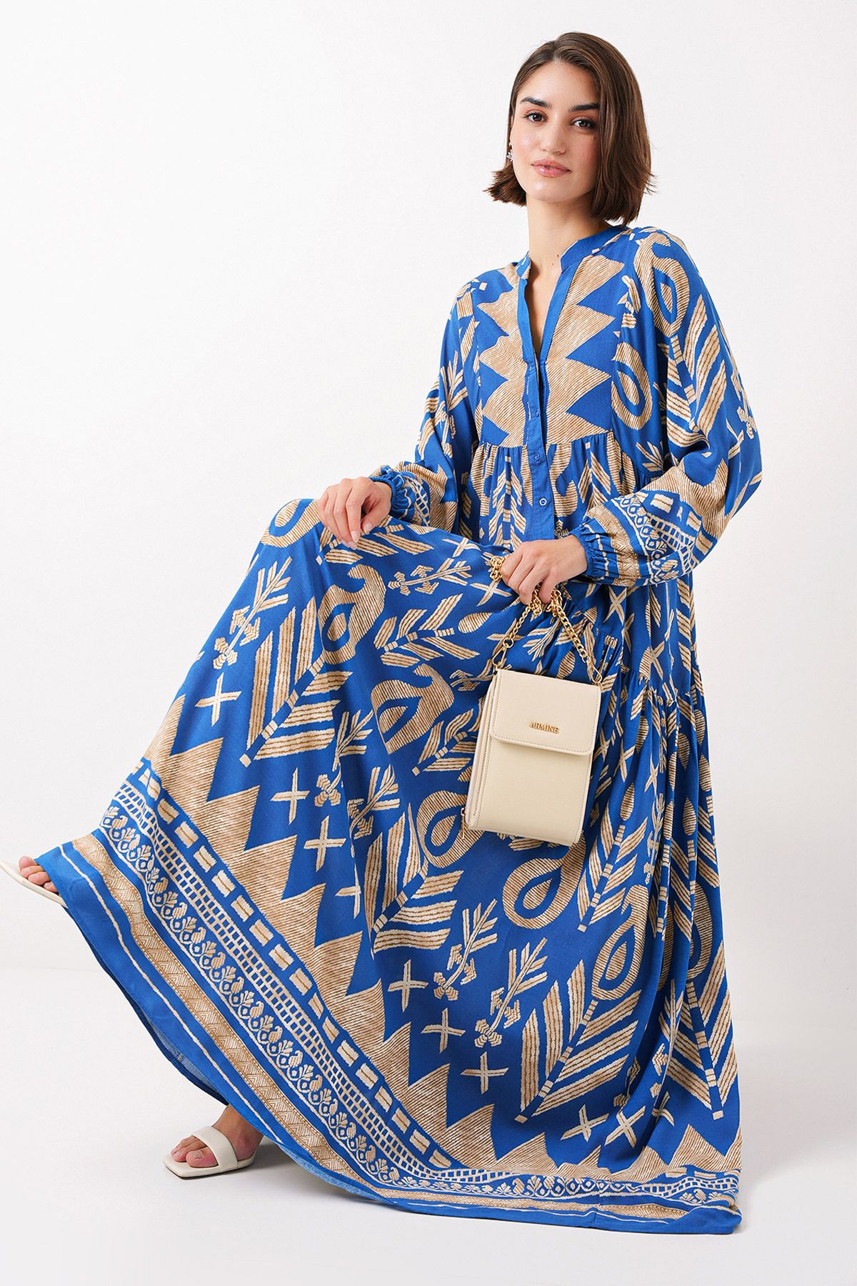 Bigdart-2423 Model Authentic Patterned Blue Dress 4