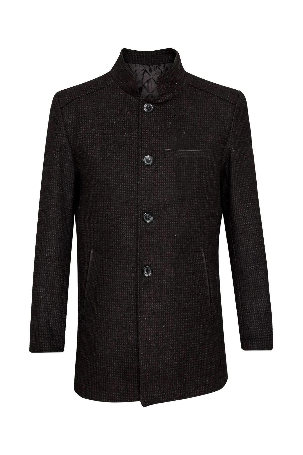 SÜVARİ-Süvari Comfortable Fit Dobby Wool Anthracite Judge Collar Men's Coat 1