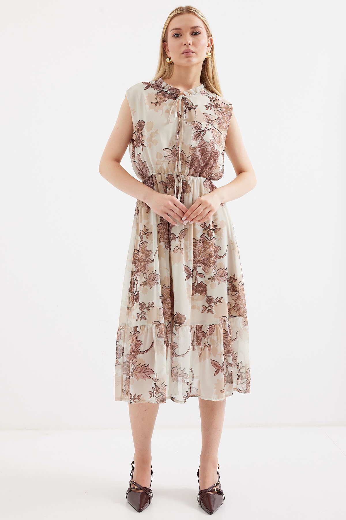 Bigdart-Gemustertes Chiffonkleid Modell 2503 in Braun - Nullärmel 4