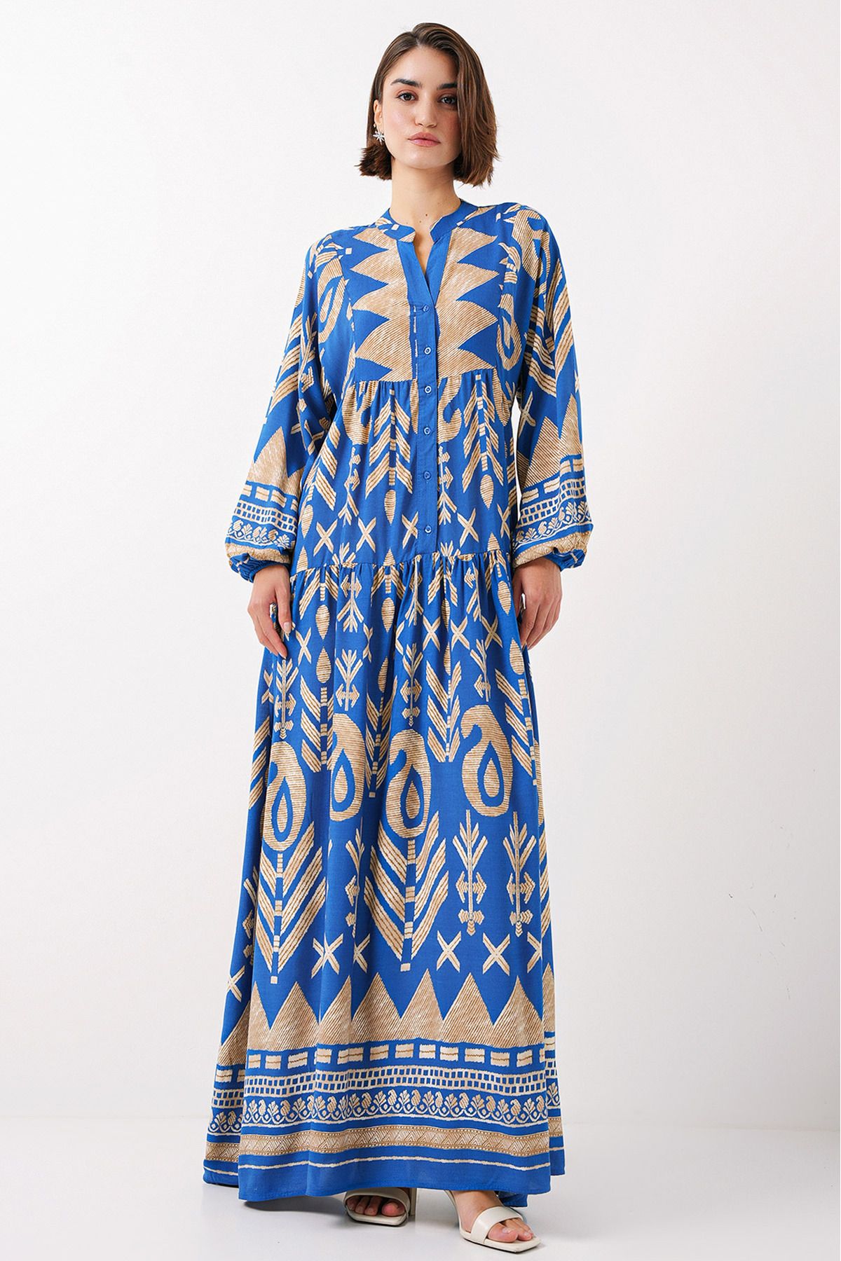 Bigdart-2423 Model Authentic Patterned Blue Dress 6
