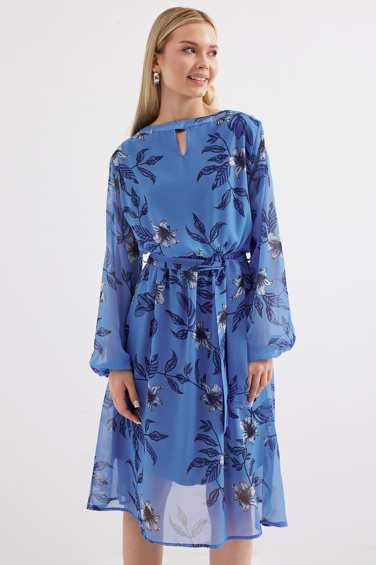 Bigdart-Modell 2459 Blaues gemustertes Kleid mit Tüllfutter 4