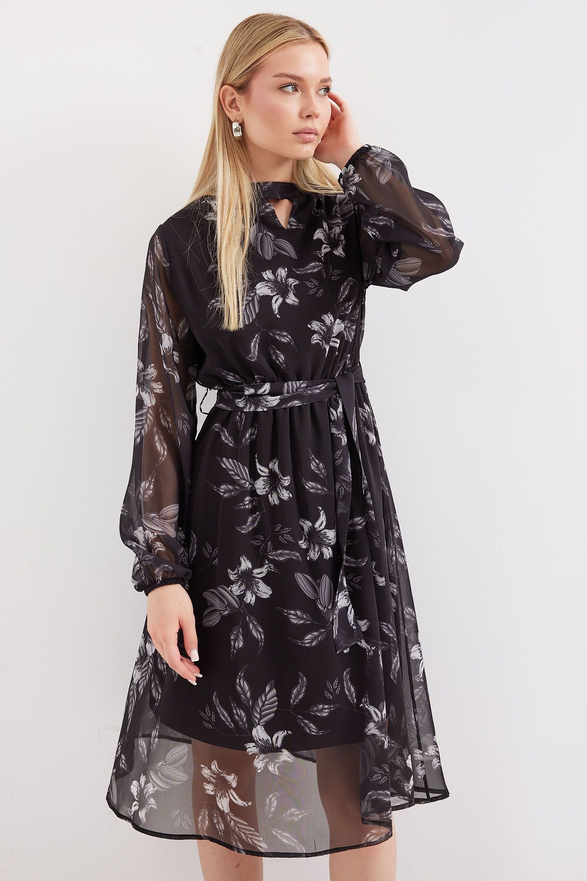 Bigdart-2459 Model Black Patterned Tulle Dress - Lined 4