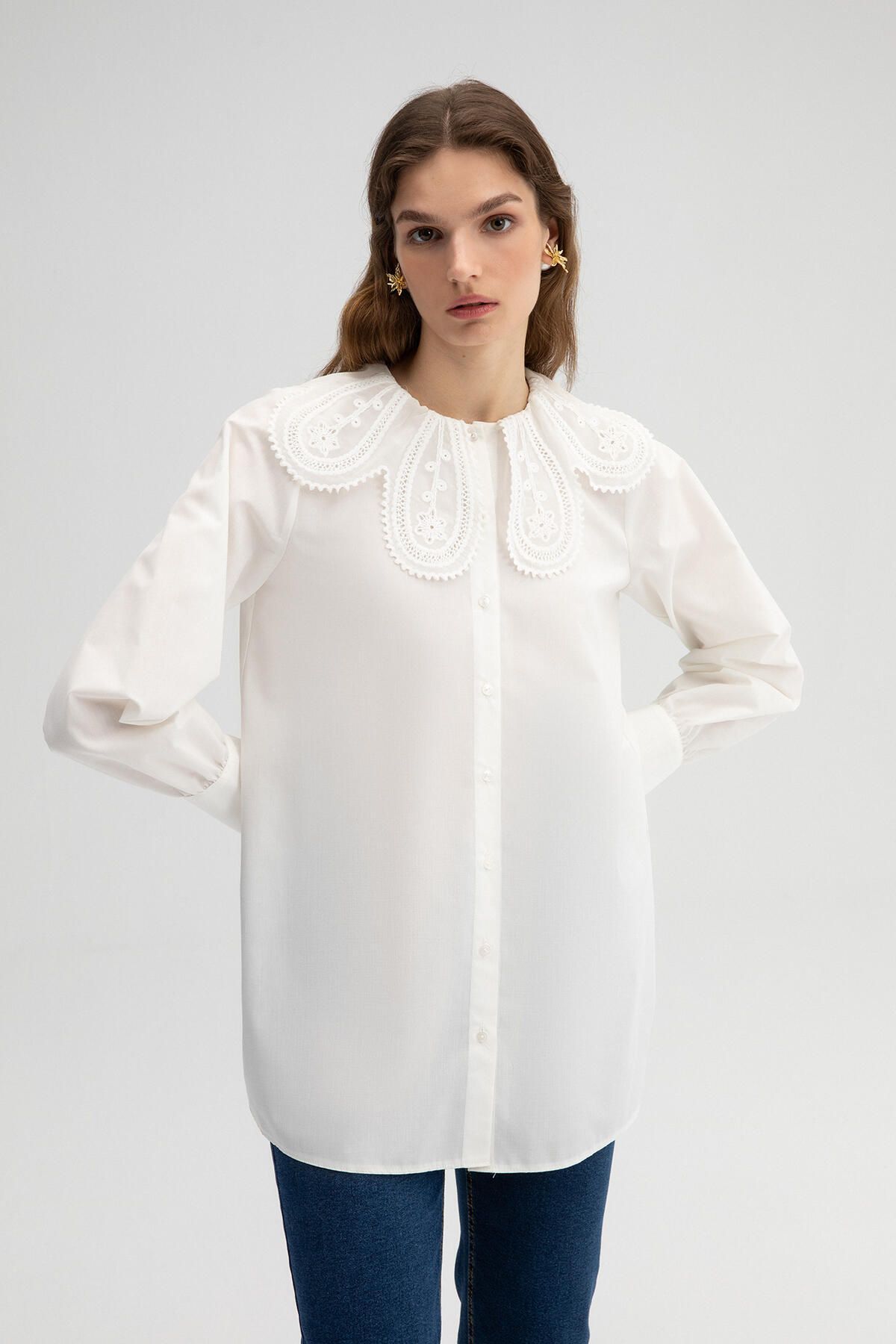 Touché Privé-Touche Ecru Lace Collar Detailed Shirt - Ecru 1