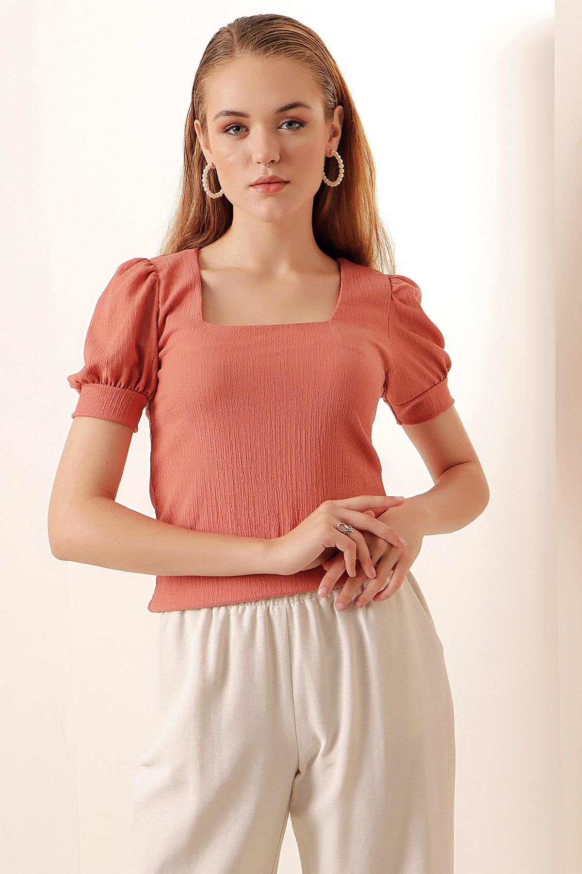 Bigdart-0409 Square Neck Knitted Blouse - Dusty Rose 1