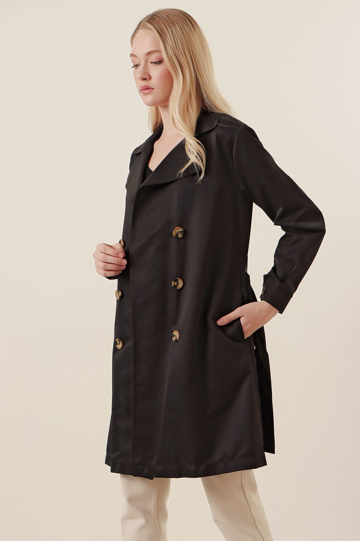Bigdart-5864 Kurzer Trenchcoat mit zweireihigem Kragen – Schwarz 3