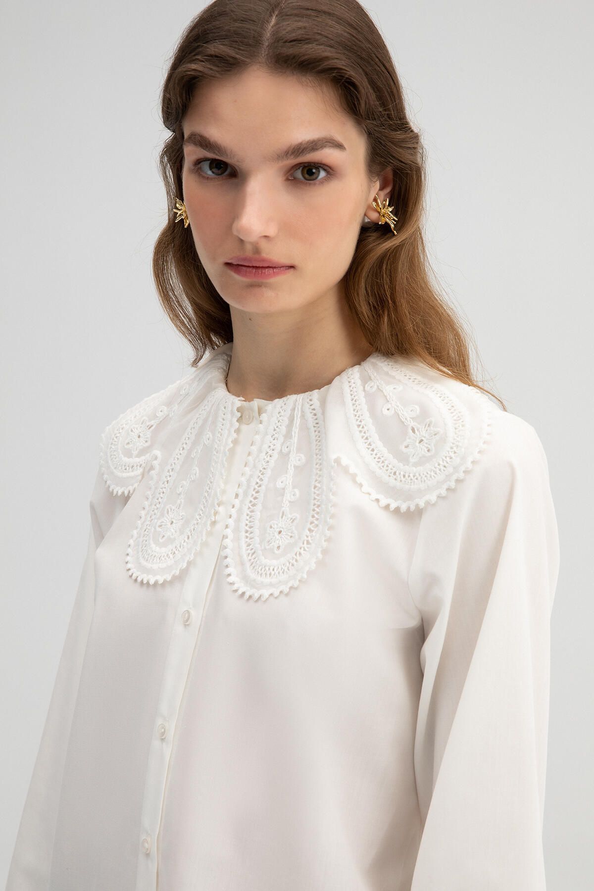 Touché Privé-Touche Ecru Lace Collar Detailed Shirt - Ecru 5