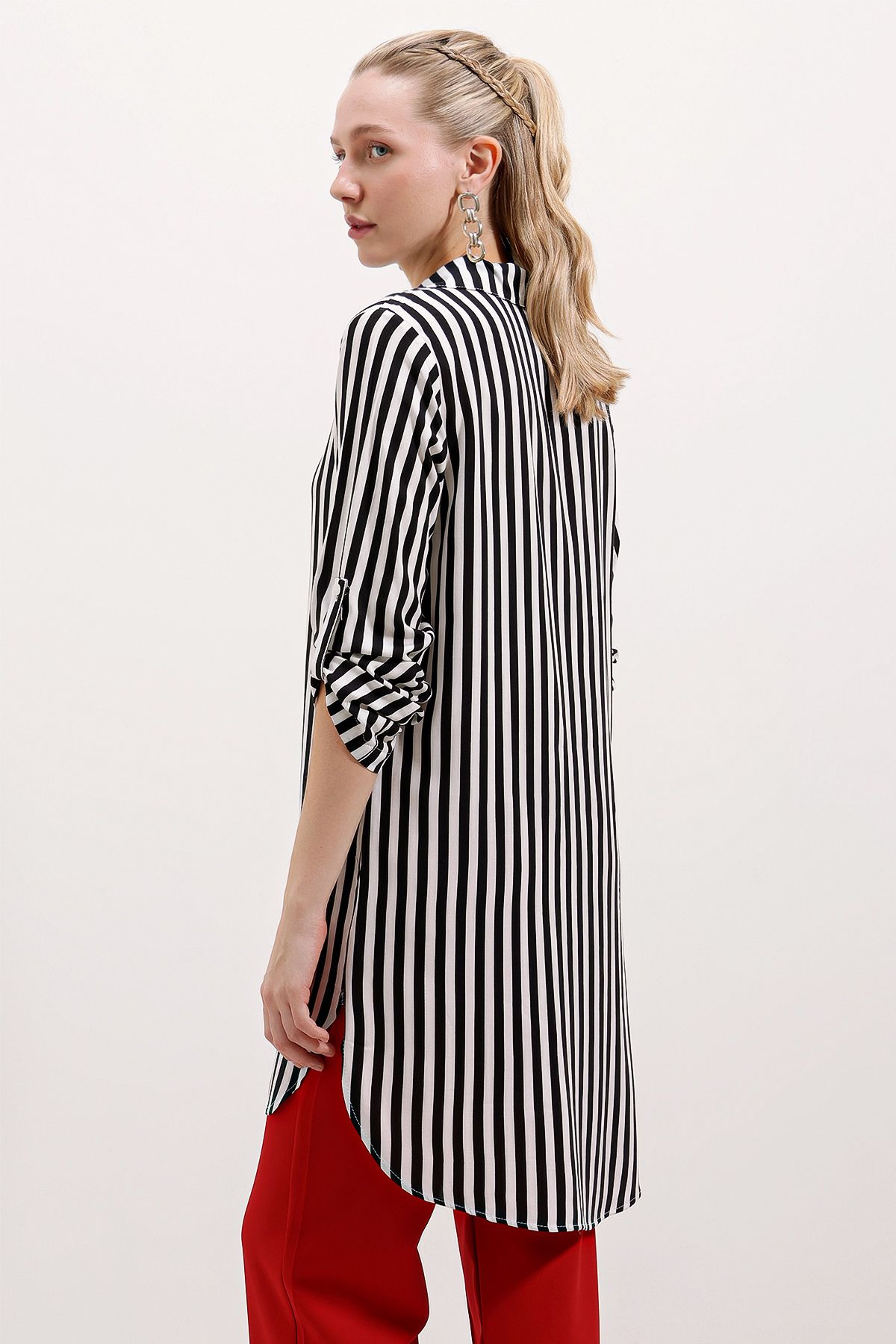Bigdart-5613 Collar Lace Up Striped Tunic - Black 4