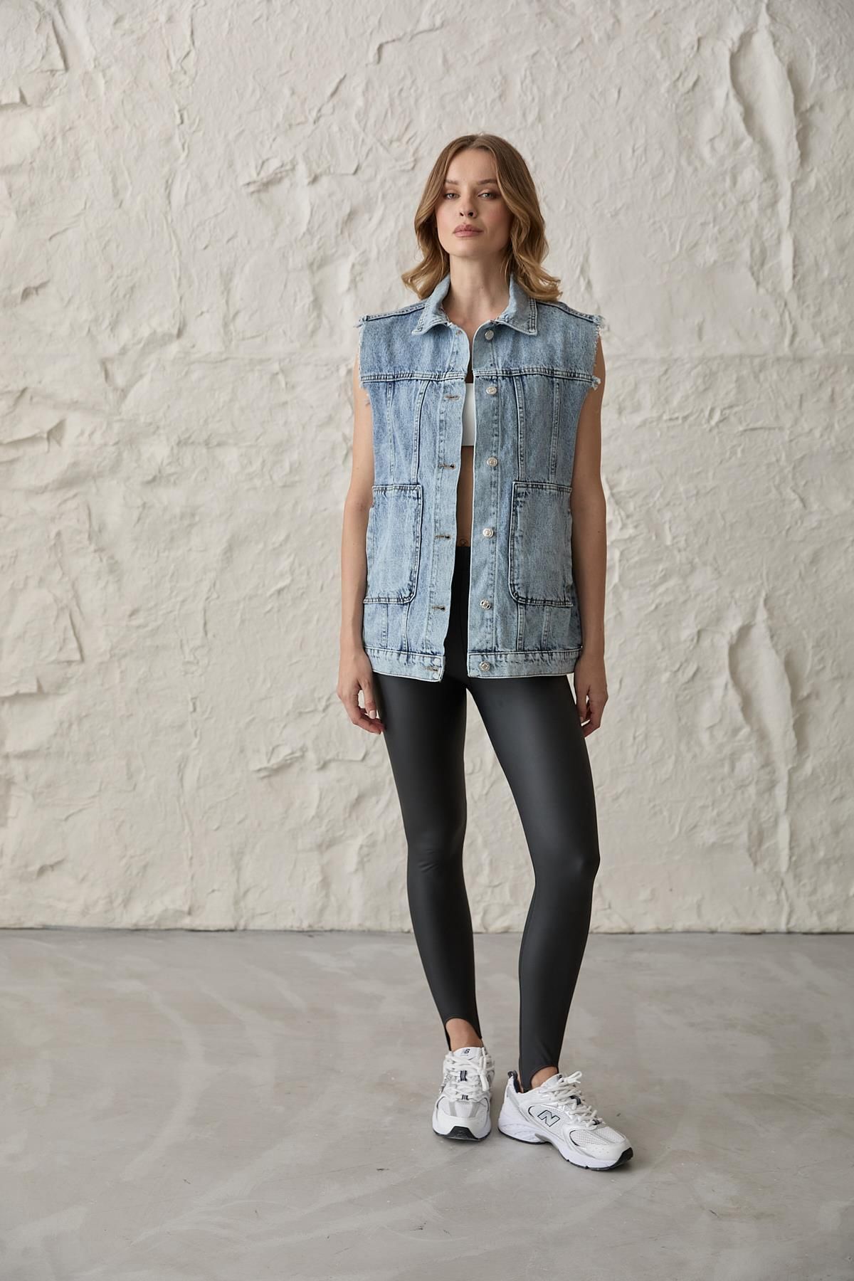 LEVURE-Denim Vest - Button Detail and Pocket, Sleeveless - Snow Wash 1