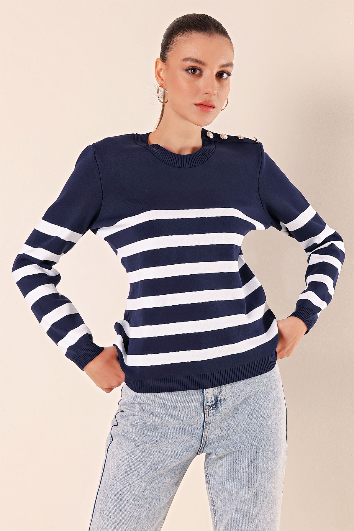 Bigdart-15820 Button Detailed Striped Sweater - Navy Blue 5