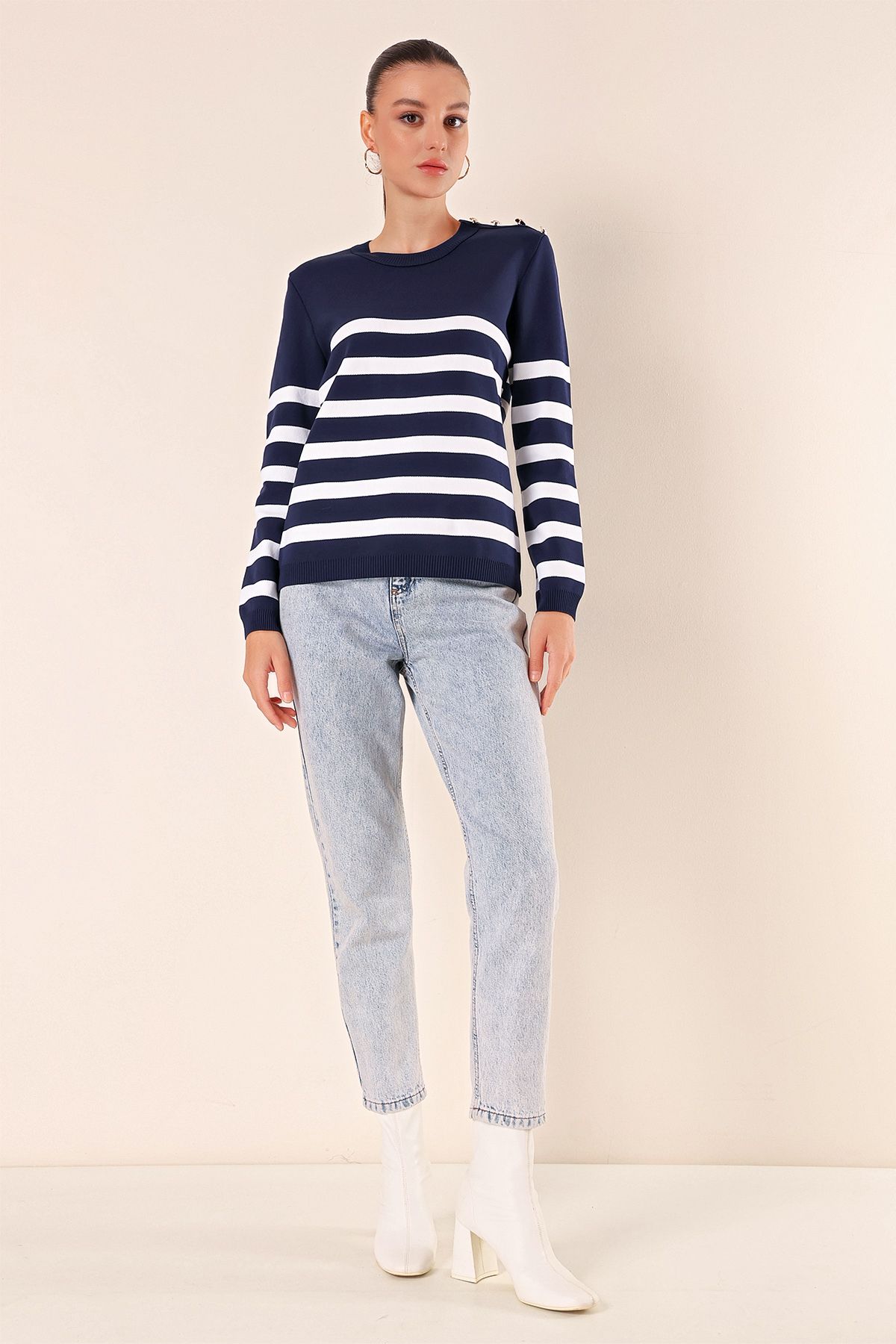 Bigdart-15820 Button Detailed Striped Sweater - Navy Blue 3