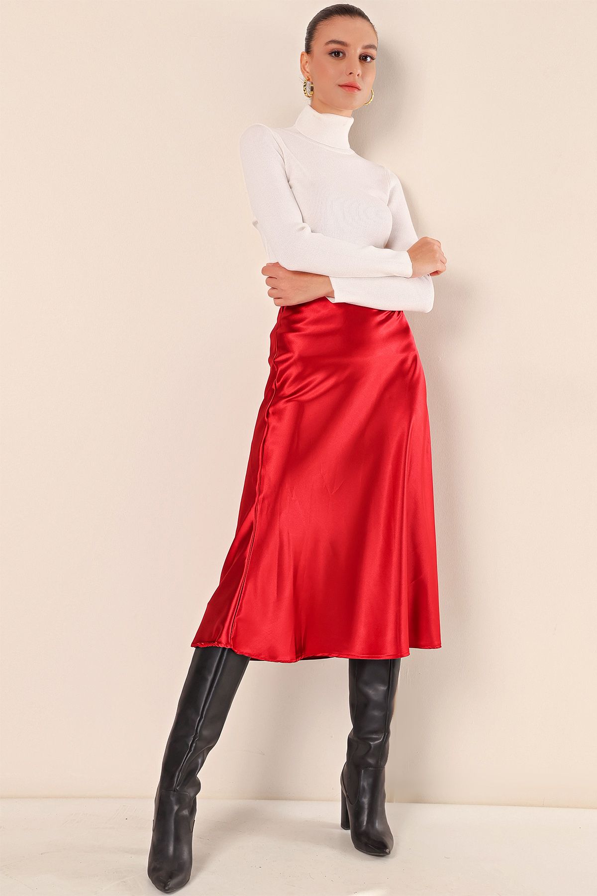 Bigdart-15806 Satin Skirt - Claret Red 5