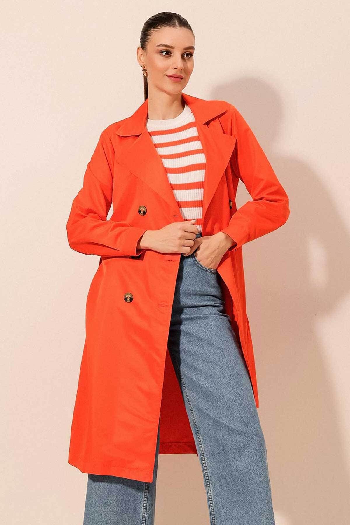 Bigdart-5853 Zweireihiger Trenchcoat mit Kragen - Orange 1