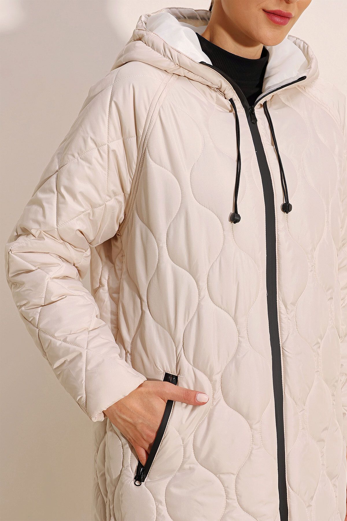 Bigdart-5177 Long Quilted Hooded Coat - Ecru 6