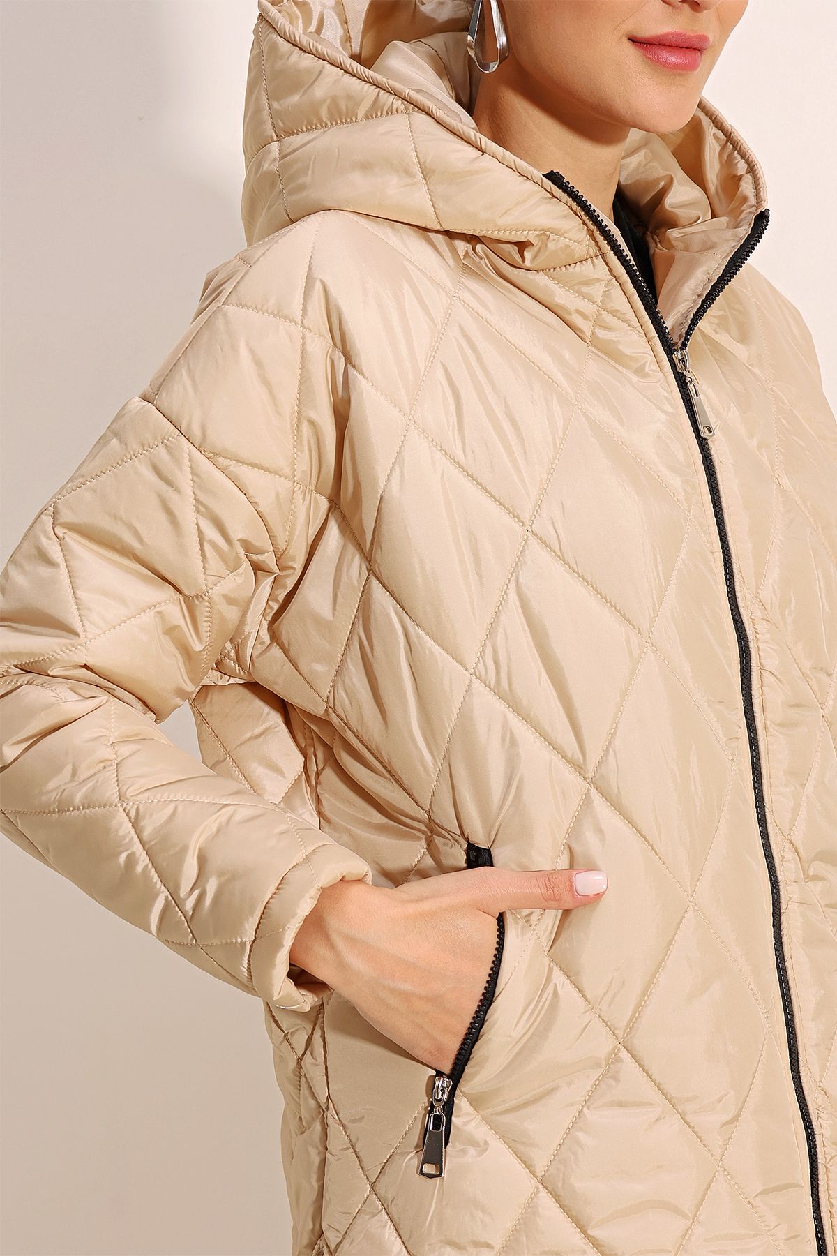 Bigdart-5181 Hooded Quilted Coat - Beige 5