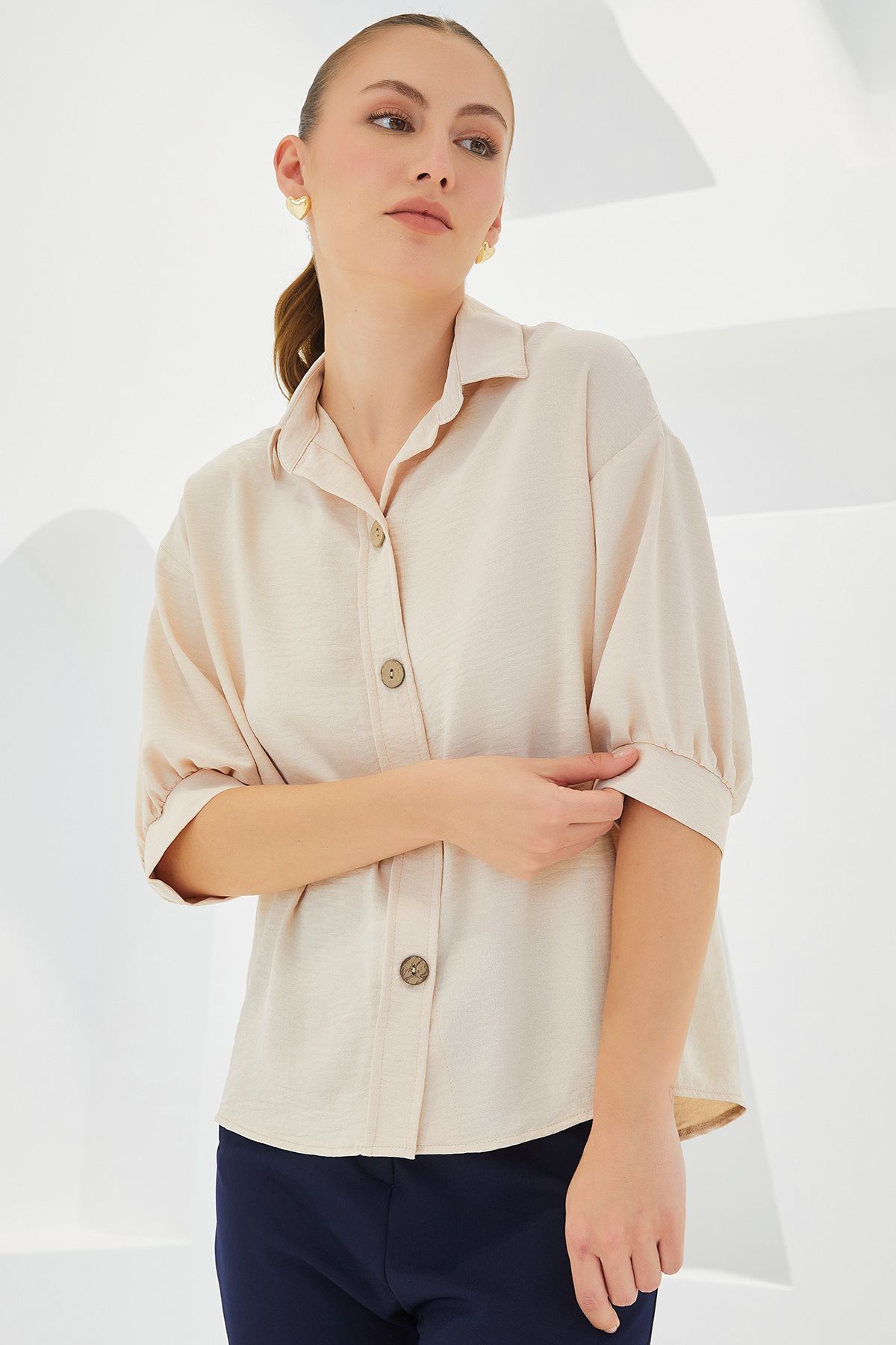 Bigdart-Women's Cream Short Sleeve Oversize Linen Shirt 20240 2