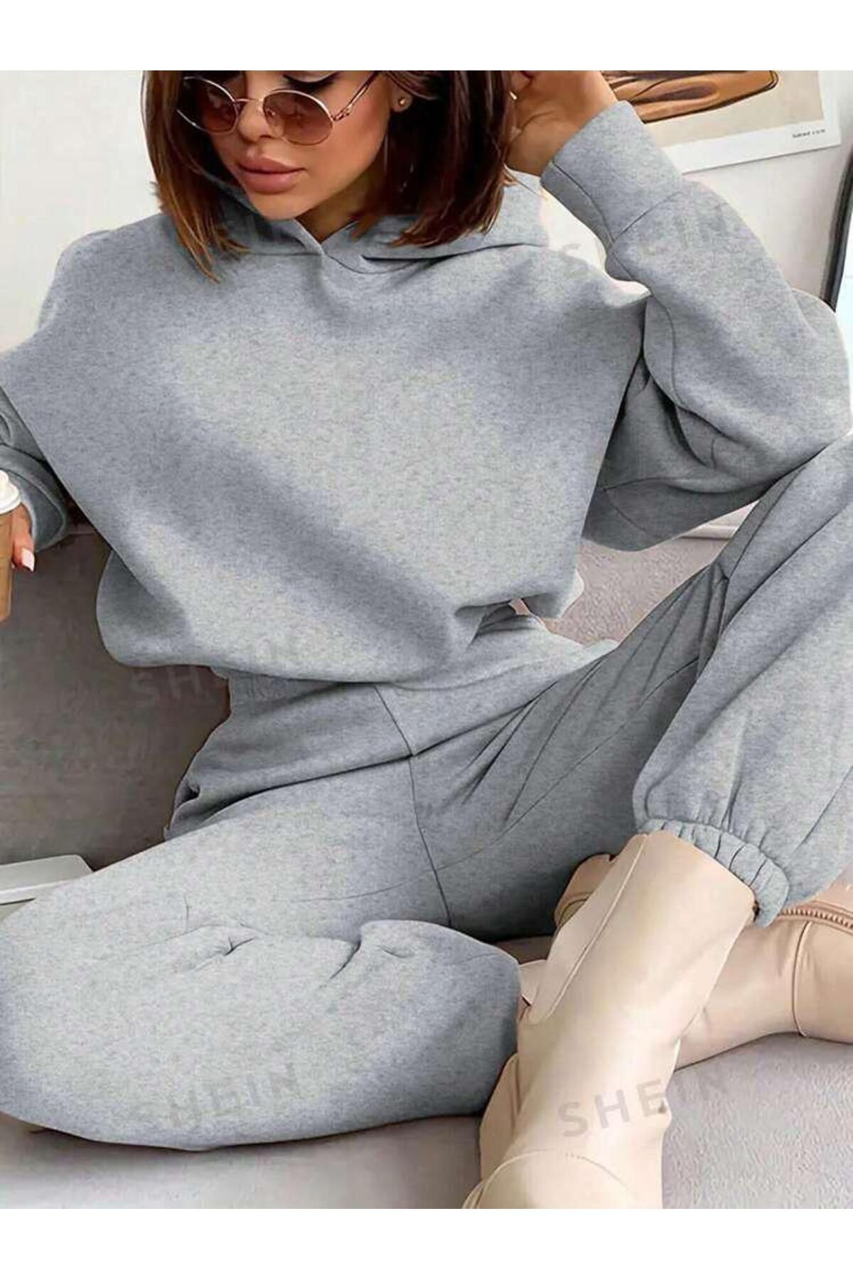 Keywest Hanorac Crop Cu Glugă Pentru Femei Pantaloni De Trening Set Dublu Cu 3 Fire Unisex - M