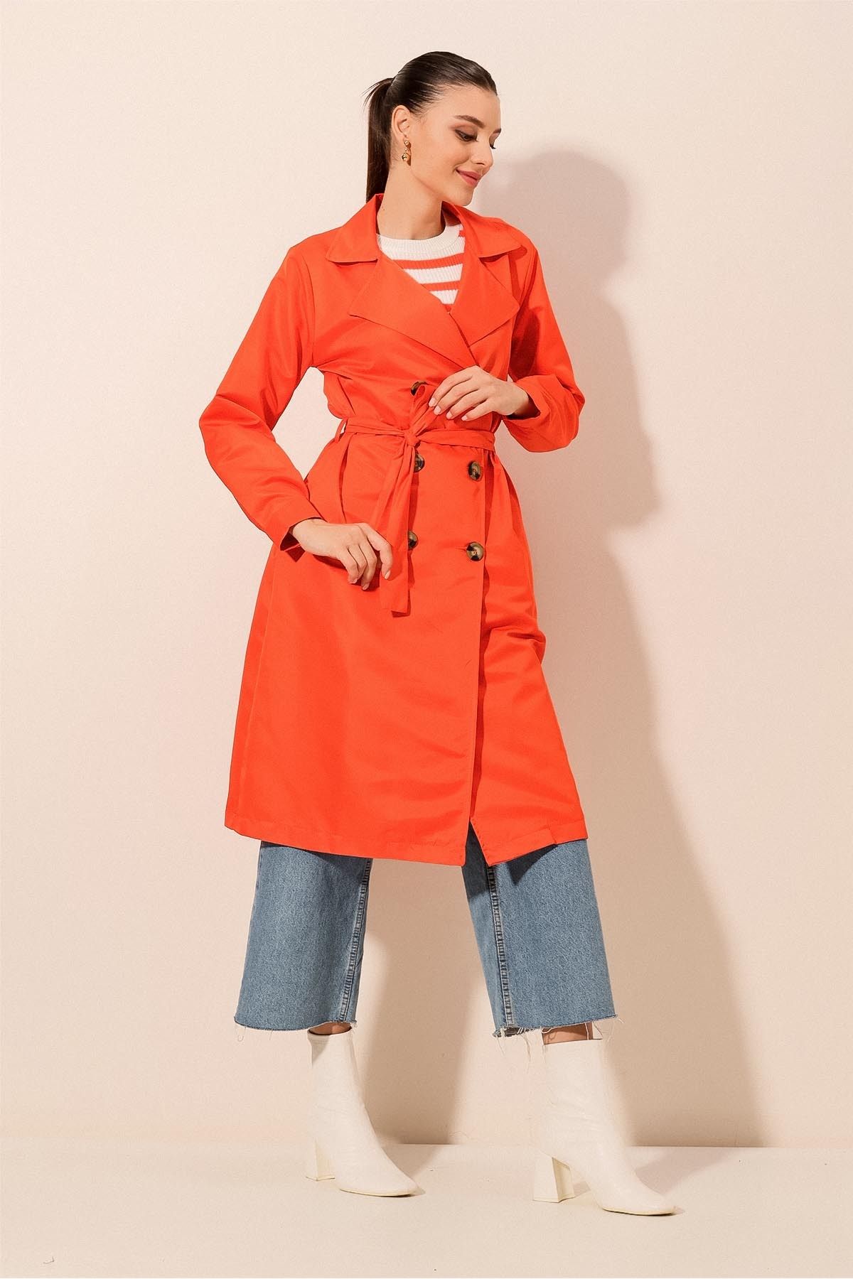 Bigdart-5853 Zweireihiger Trenchcoat mit Kragen - Orange 4