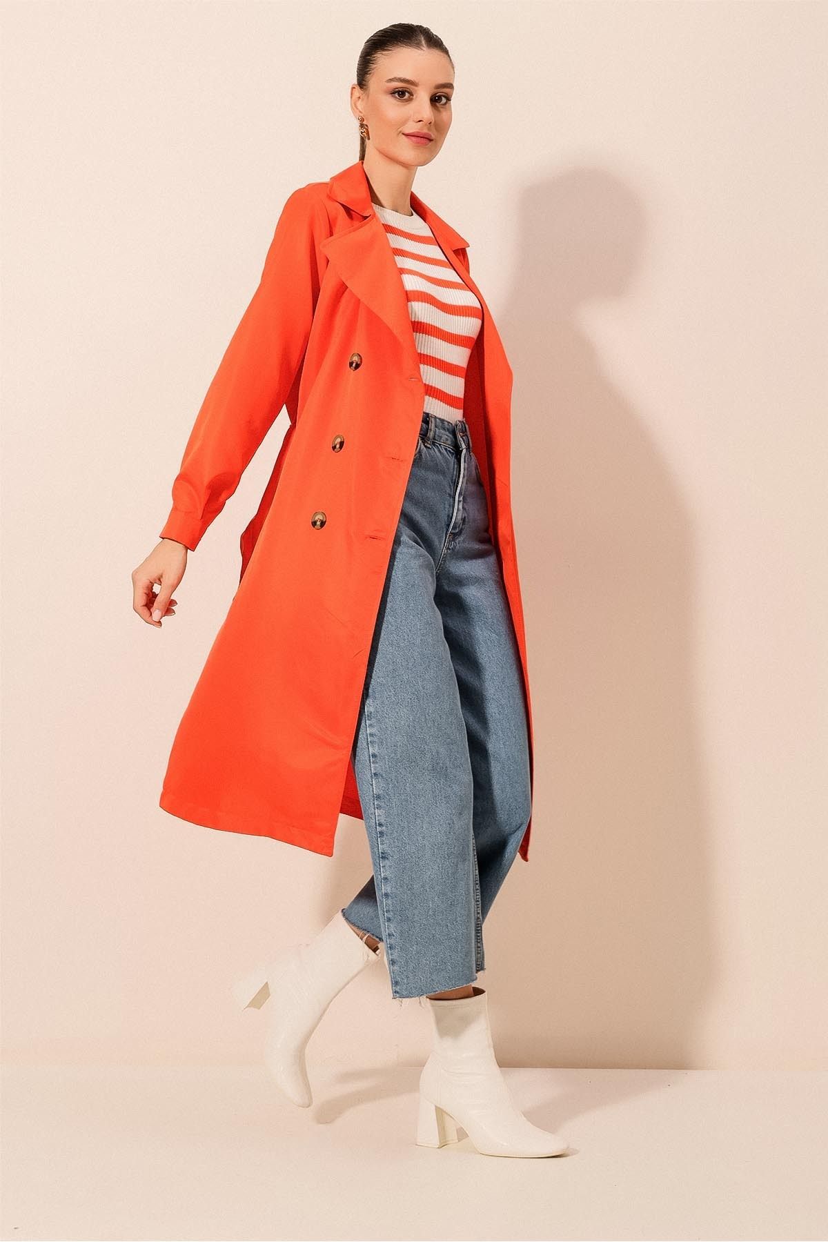 Bigdart-5853 Zweireihiger Trenchcoat mit Kragen - Orange 2