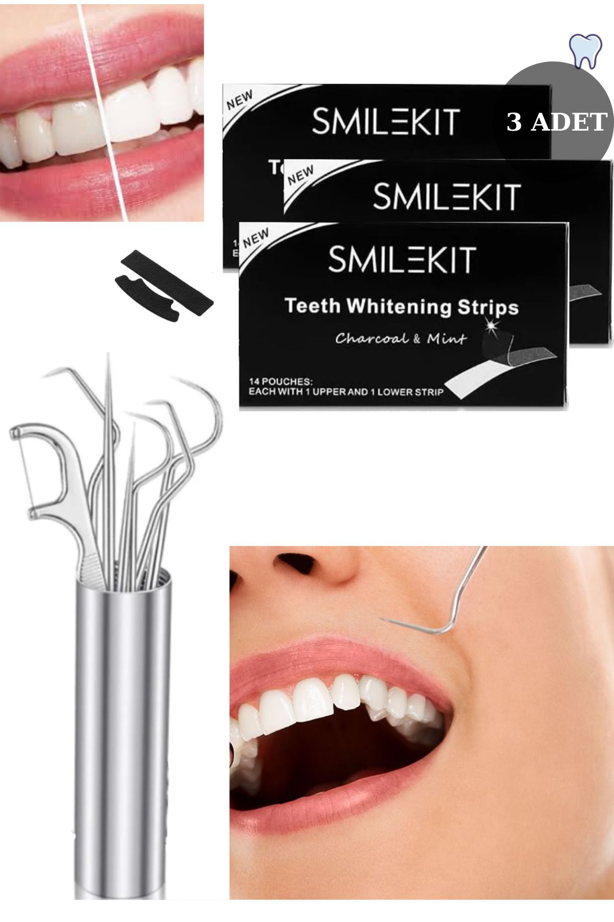 Uniquem Diş Bakım Seti 3 Adet Smile Kit Diş Bandı ve 7 Parça Tüplü Diş Temizleme Seti