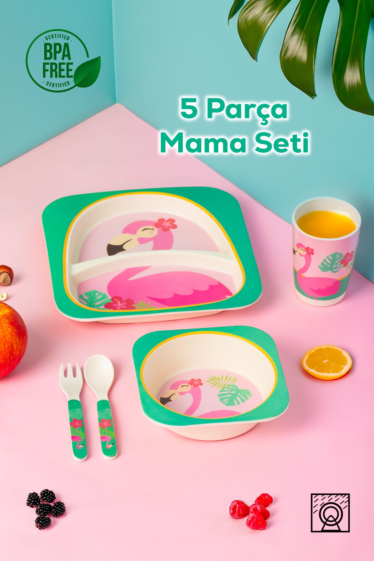 Porsima 231 Figürlü Mama Seti Bebek Mama Tabağı- Bambu Fiber Bebek Mama Seti- Takımı-Flamingo